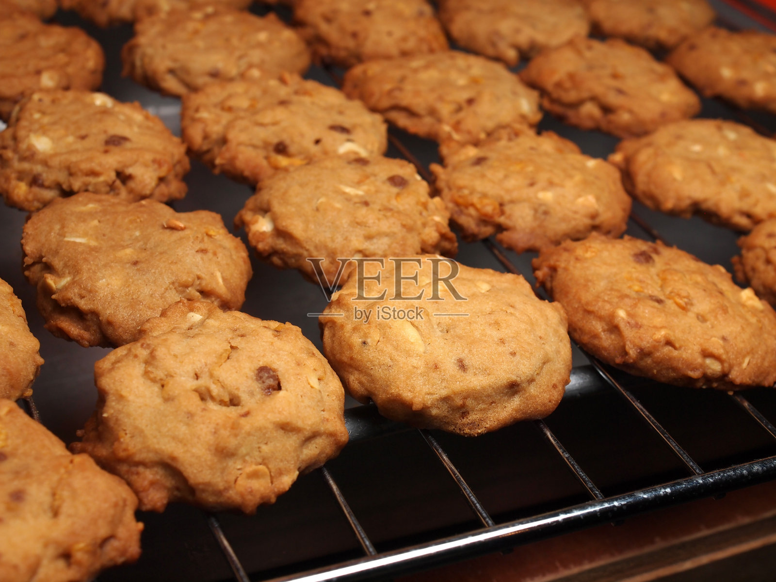 烤炉后的腰果饼干放在钢格栅上照片摄影图片