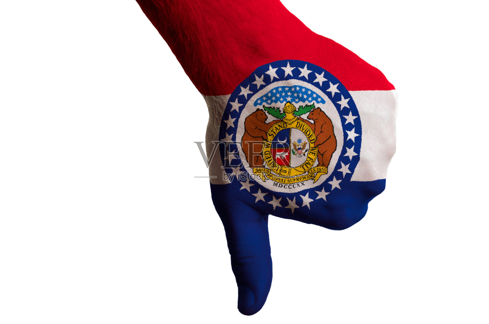 美国密苏里州国旗上的拇指向下的手势表示失败照片摄影图片