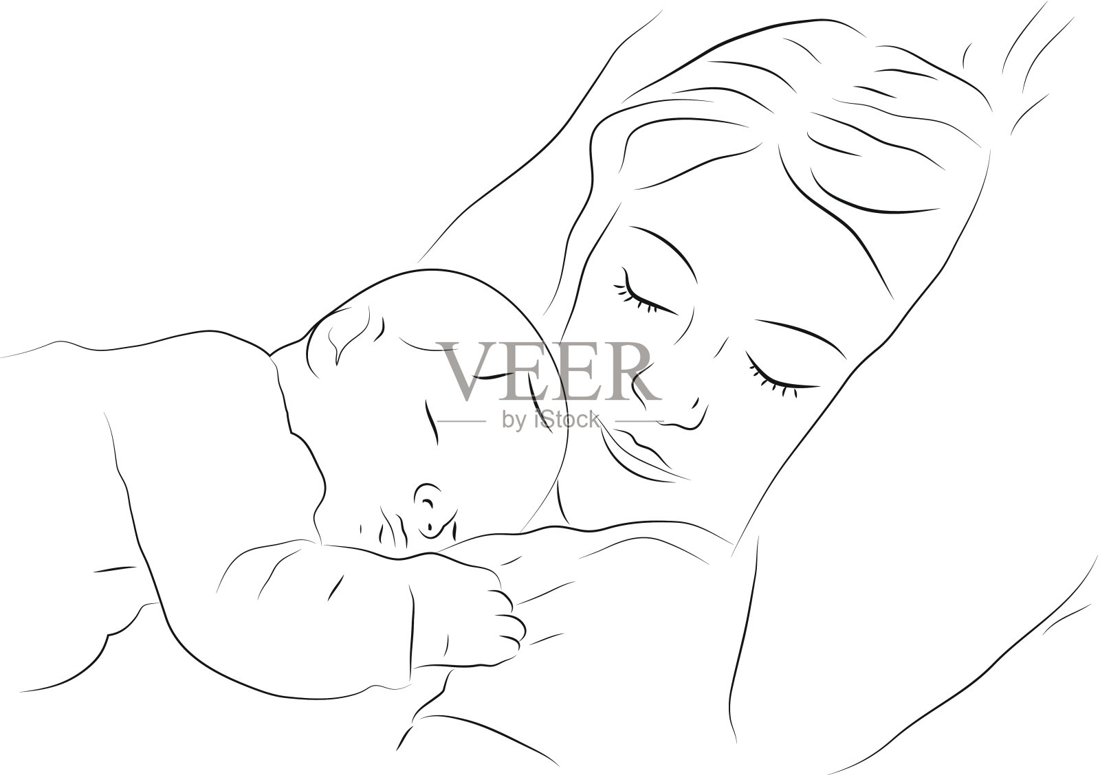 睡着的妈妈和婴儿偶像插画图片素材