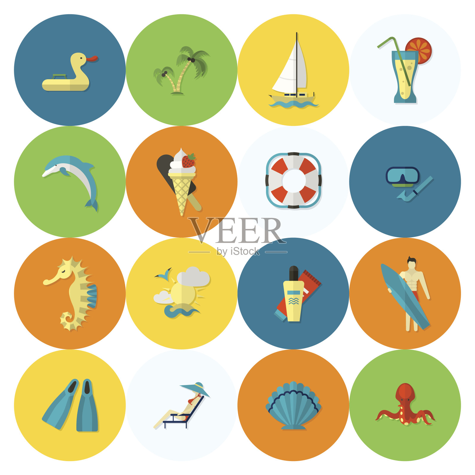 夏季和海滩简单的平面图标插画图片素材