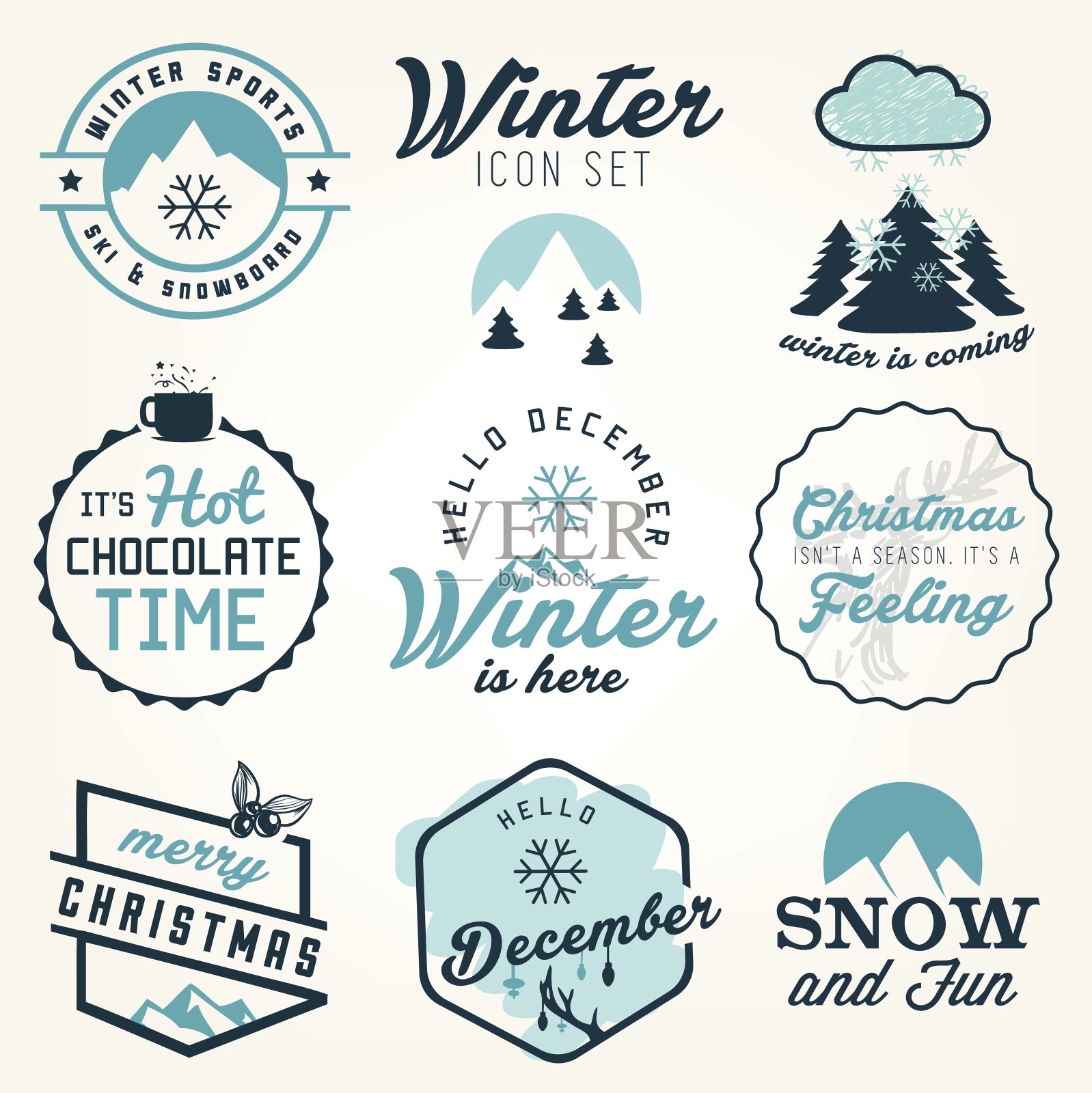 冬季插图和徽章集设计元素图片