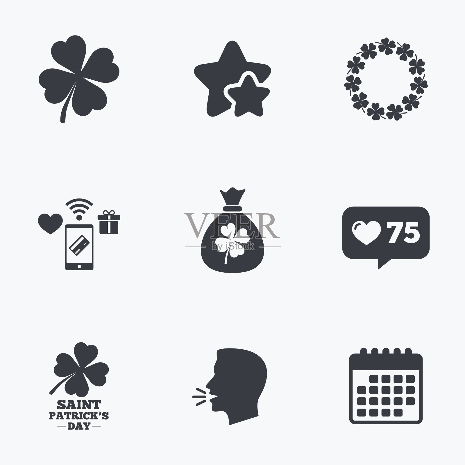 圣帕特里克节图标。装有三叶草的钱袋。图标素材