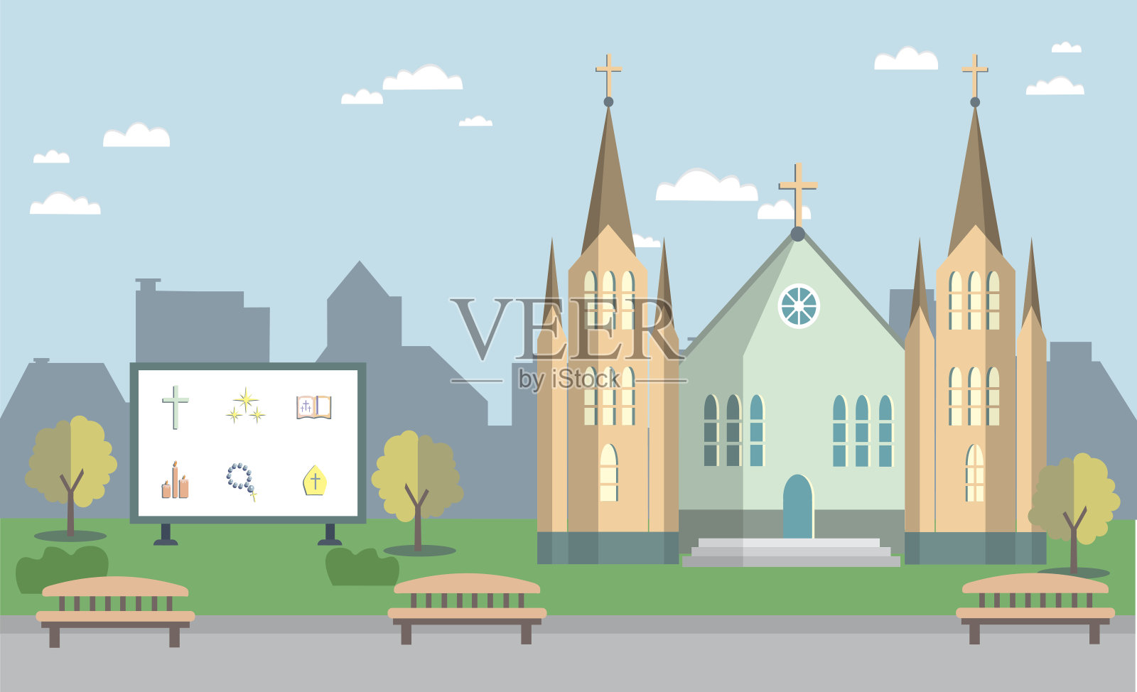 以城市为背景的教堂插画图片素材