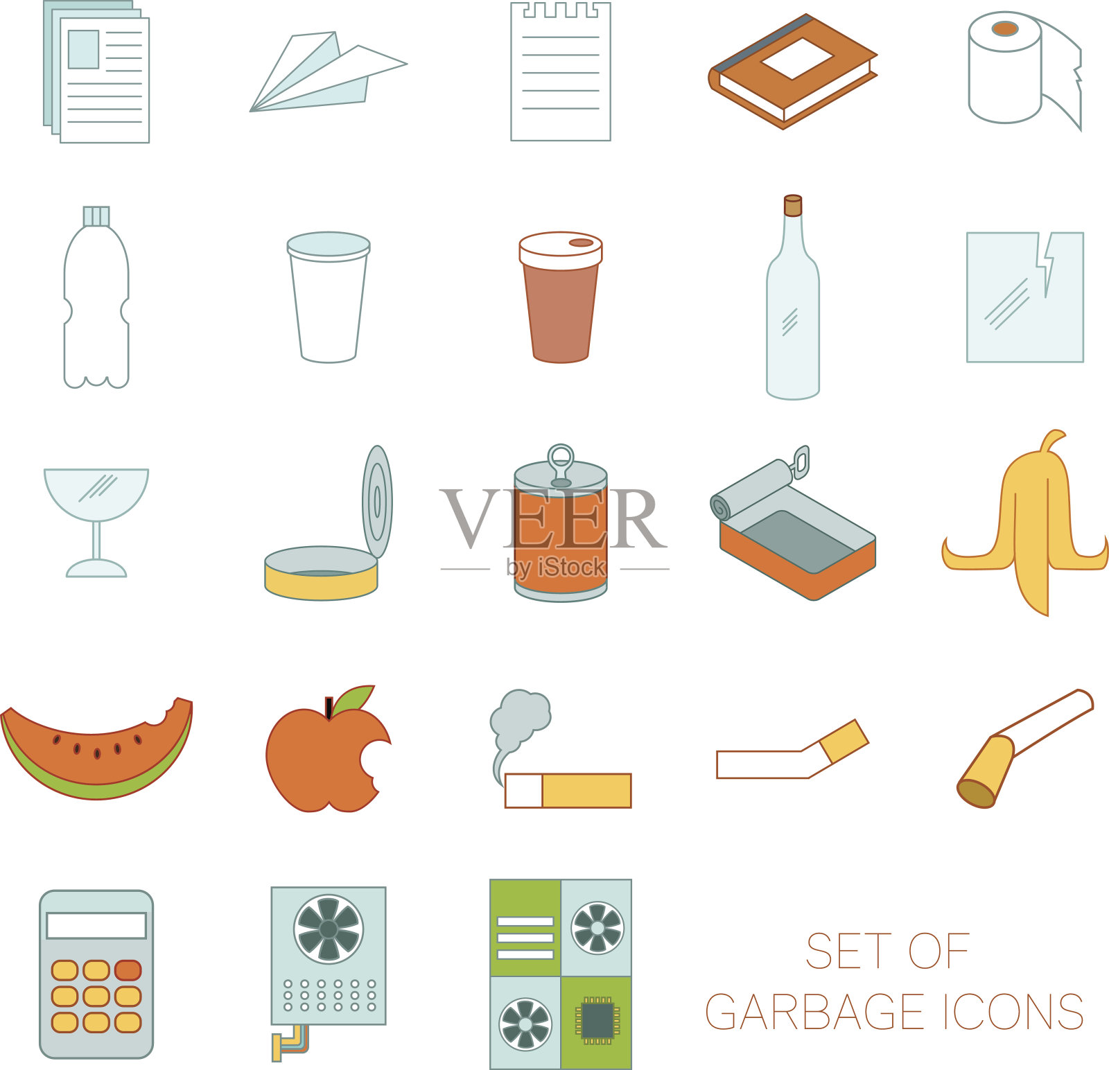 一组彩色垃圾标识图标素材