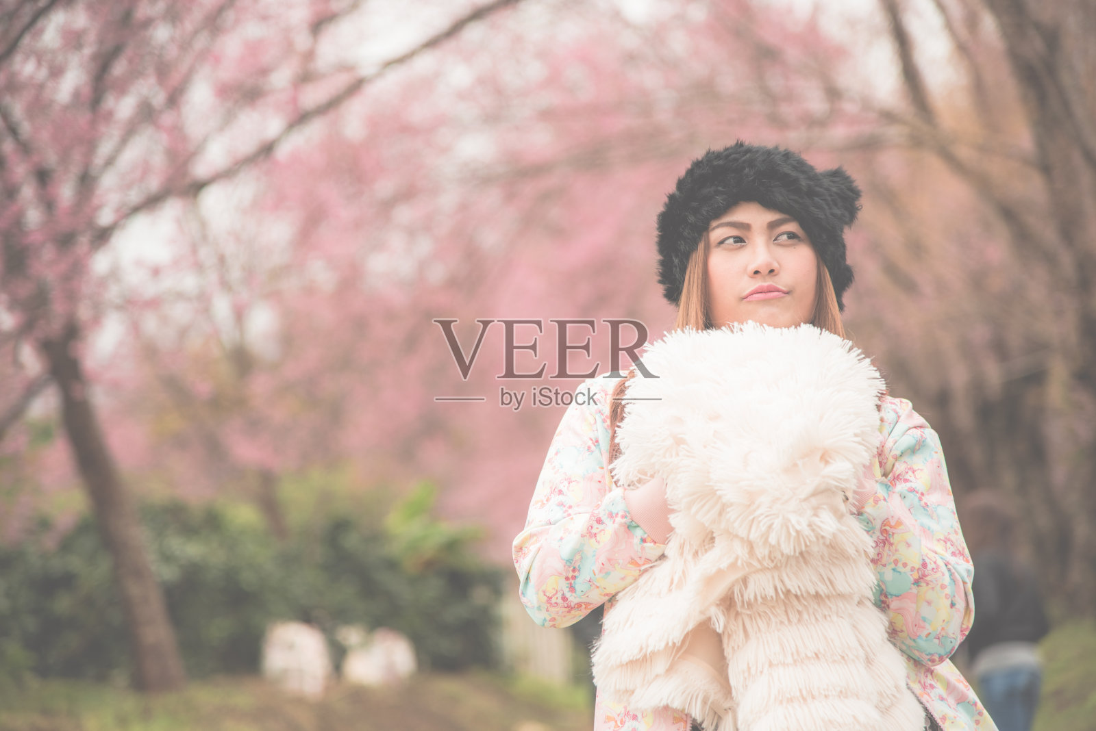 亚洲女人和粉红色的花照片摄影图片