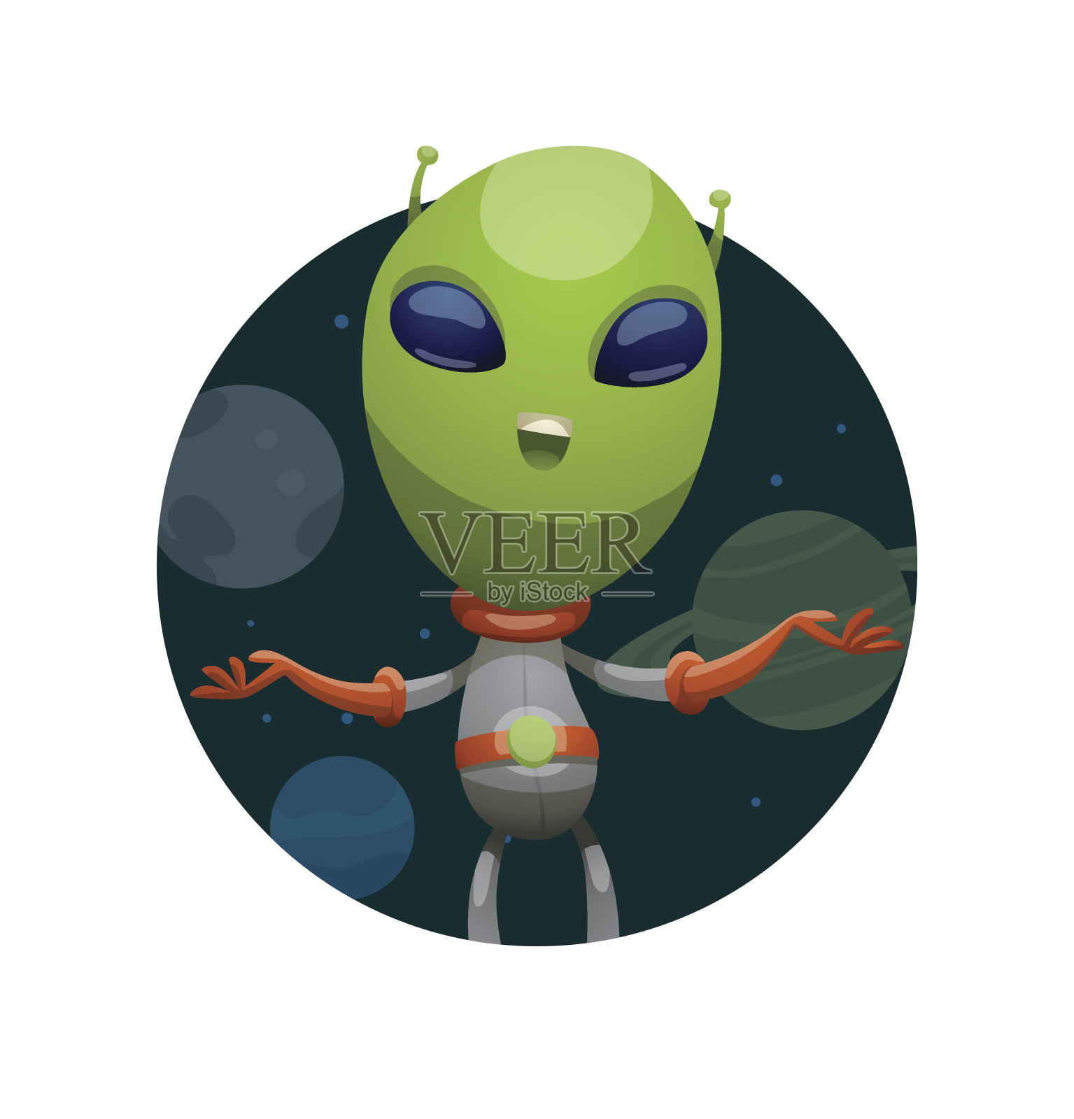 圆圆的框架，有趣的绿色外星人微笑和翱翔插画图片素材