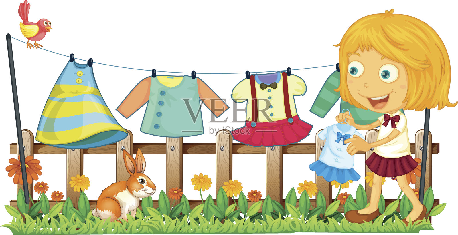 女孩在花园里晾衣服插画图片素材