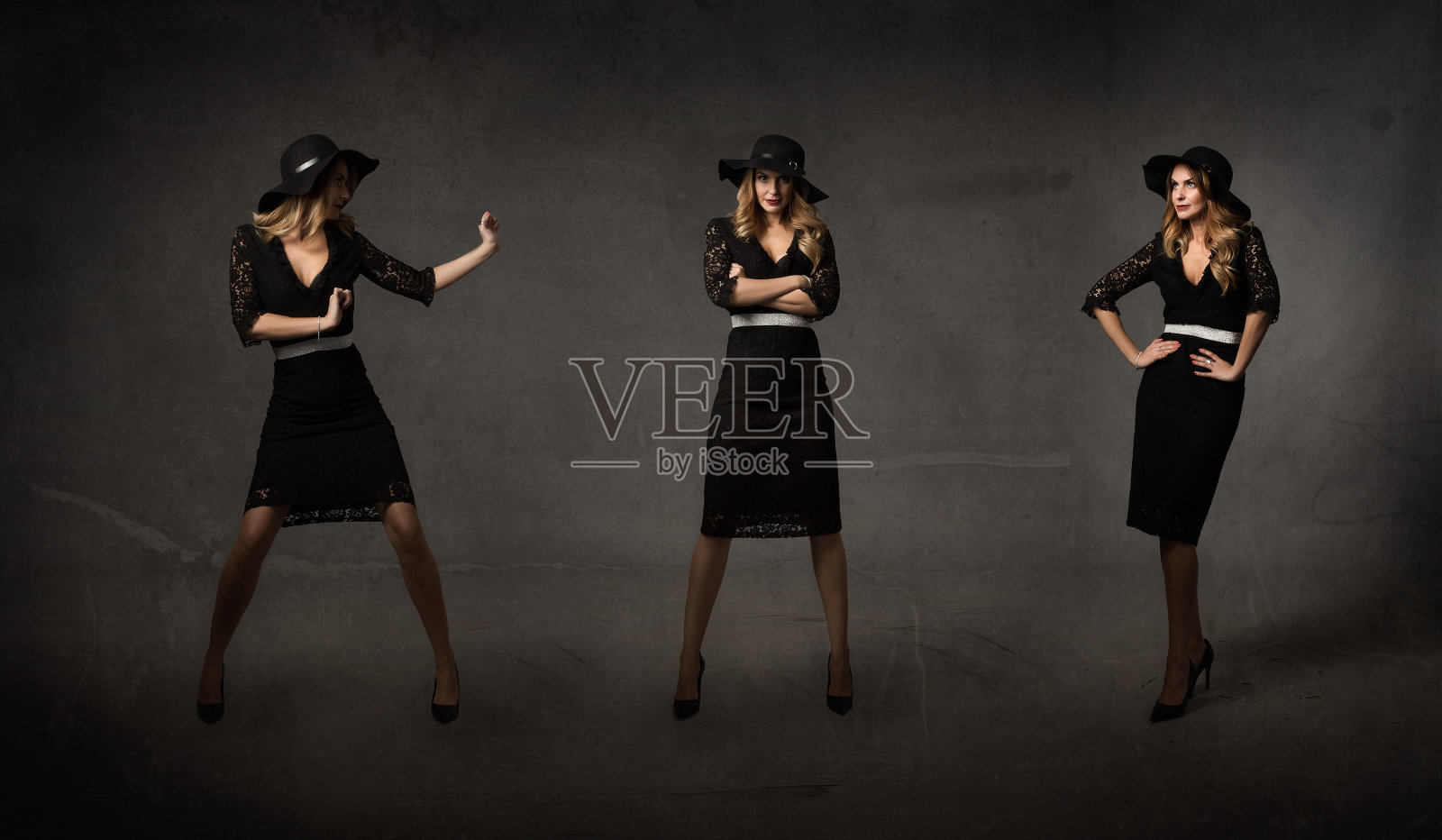 时尚的模特在三姿势照片摄影图片