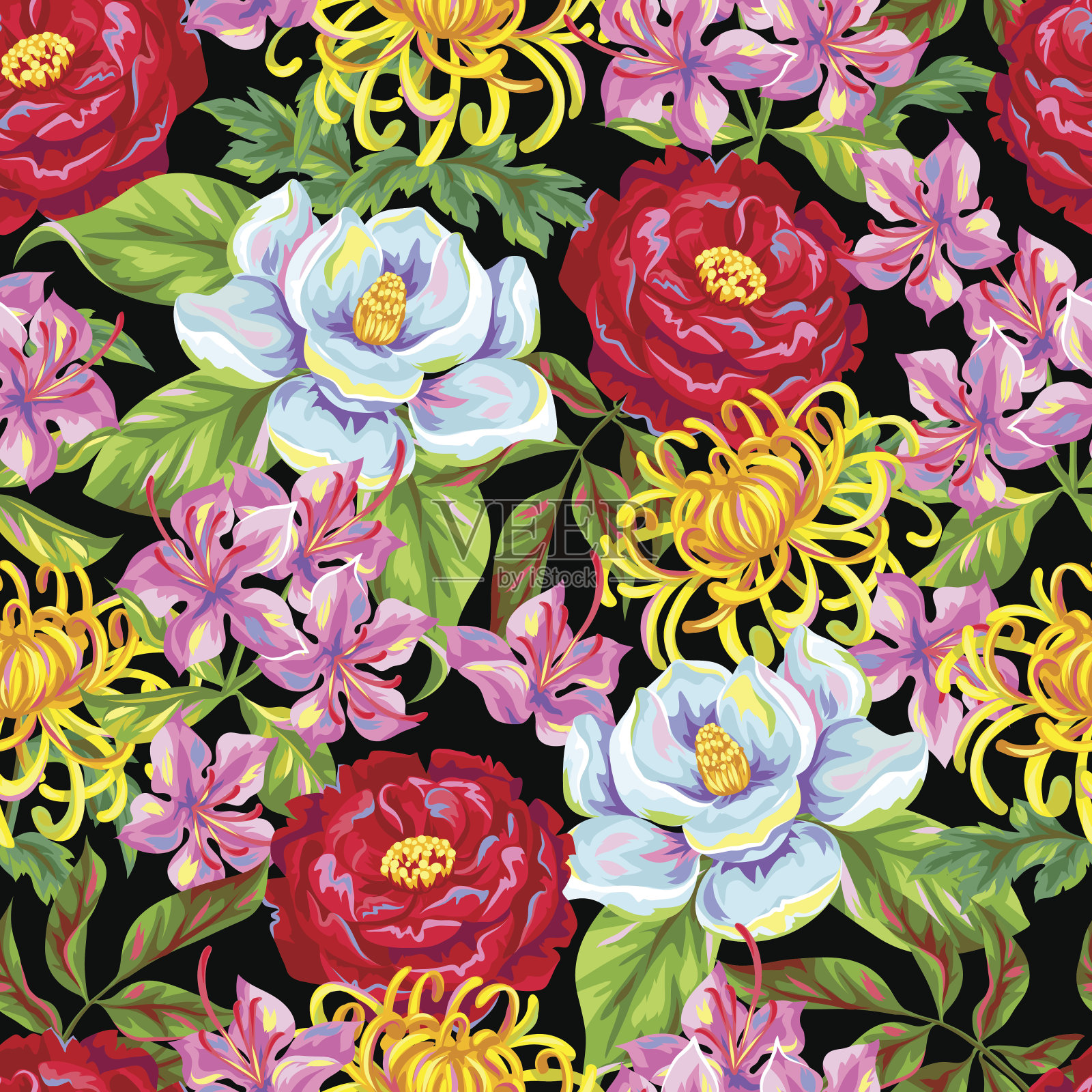 无缝图案与中国花卉。花蕾鲜艳的木兰、牡丹插画图片素材