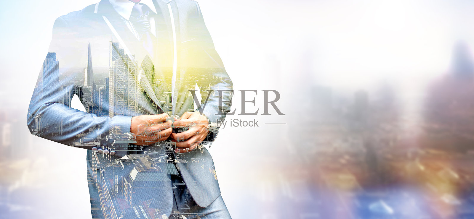 城市和商人的双重曝光照片摄影图片