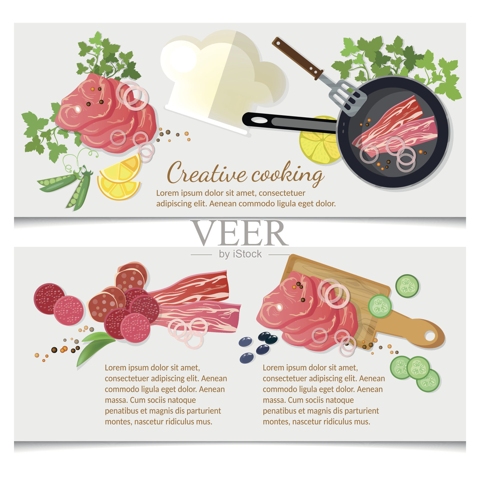 烹饪食物横幅俯视图肉类和蔬菜插画图片素材