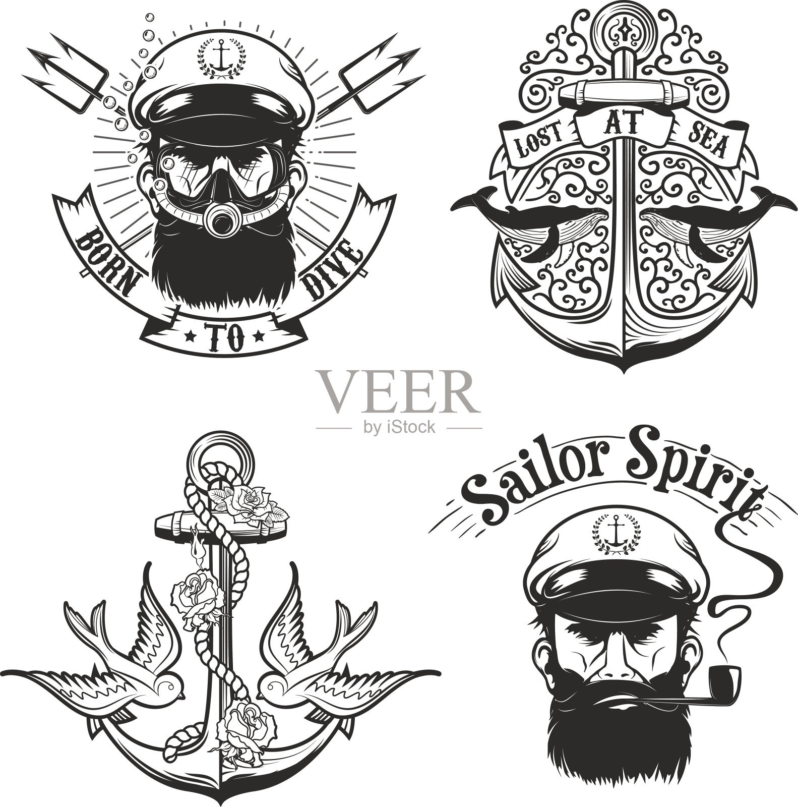 一套航海标志。潜水象征。老船长插画图片素材