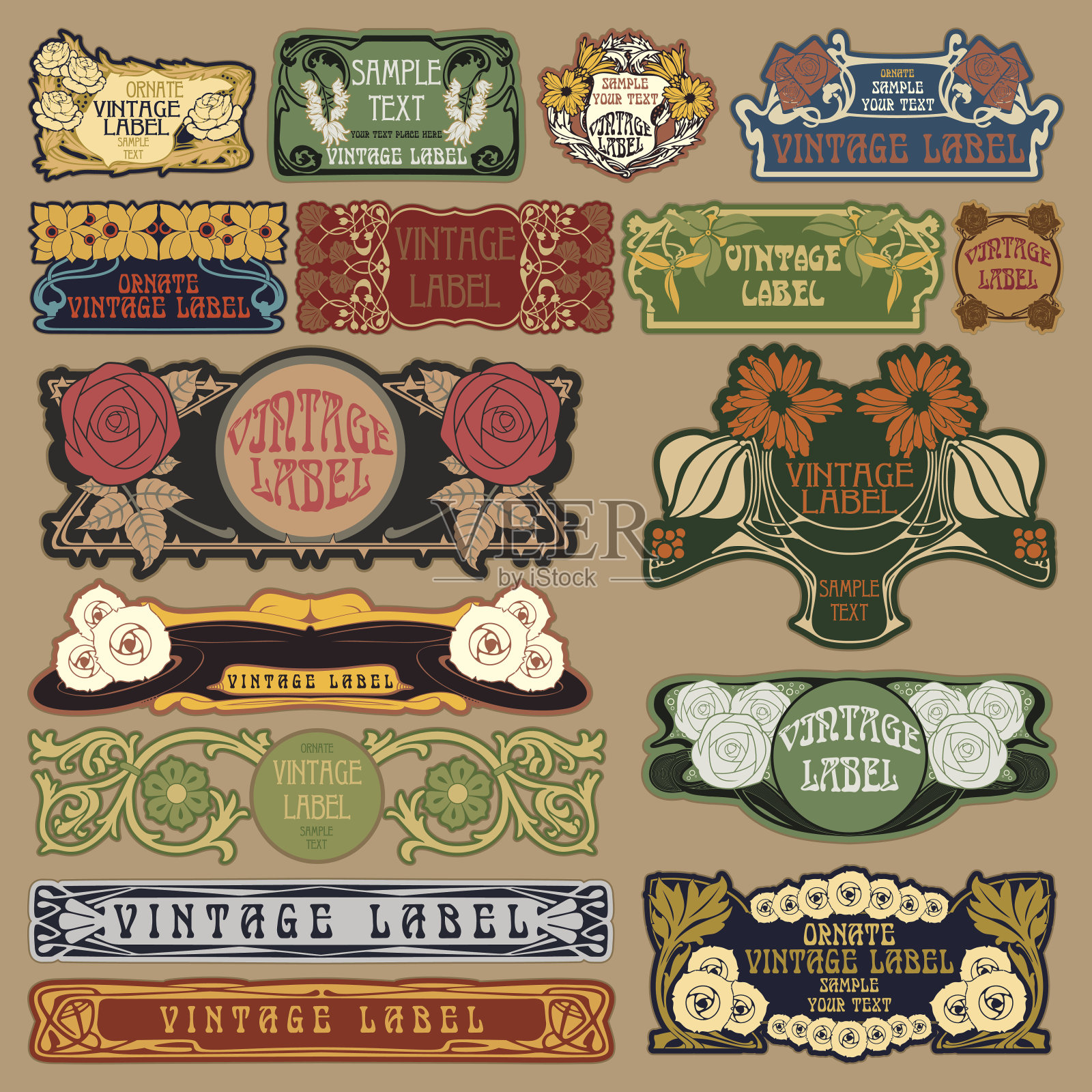 vector vintage items:标签Art Nouveau插画图片素材
