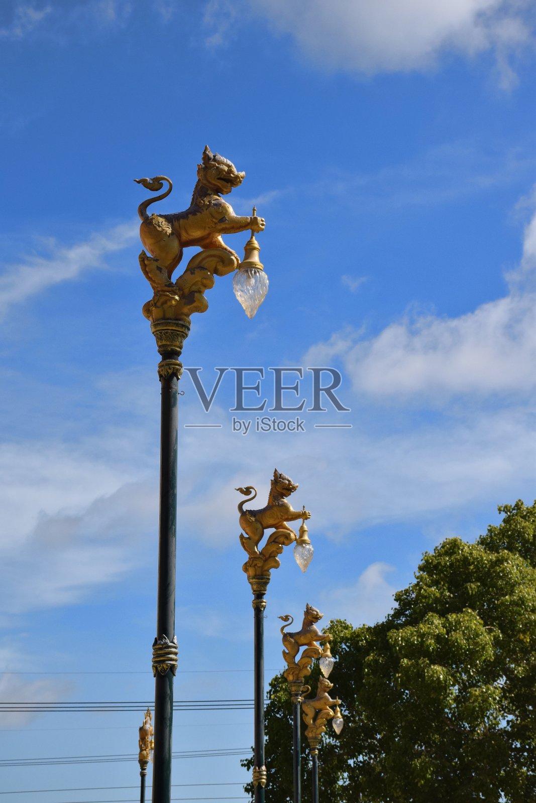 雕有狮子的路灯。照片摄影图片