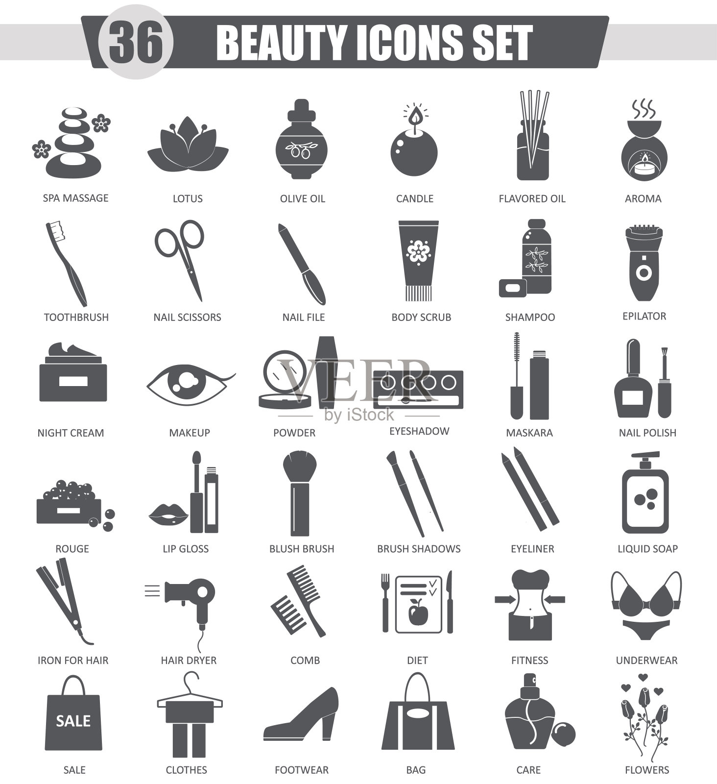 向量美容和化妆品黑色图标设置。深灰色的经典插画图片素材
