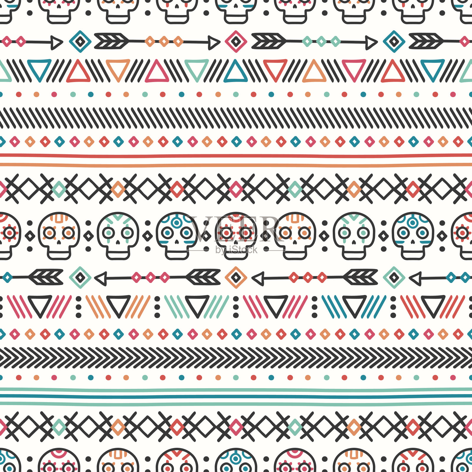 部落手绘线条墨西哥民族无缝图案。边境。放荡不羁的头骨插画图片素材