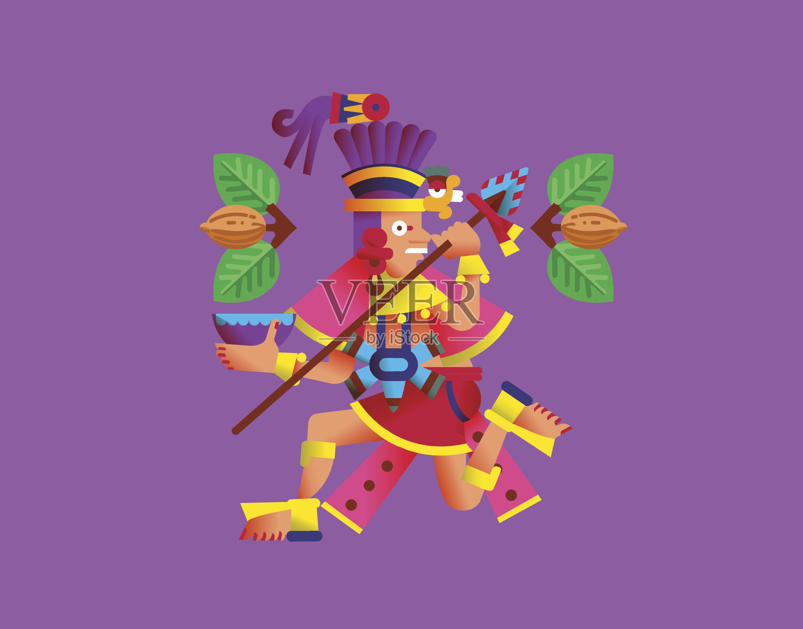 扁平风格的阿兹特克可可豆，叶，nibs，图案的巧克力插画图片素材