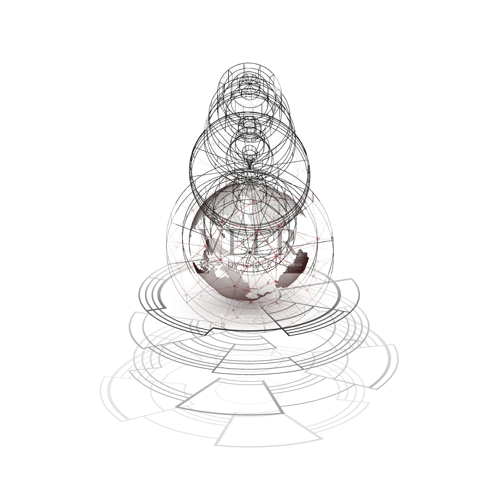 虚线世界，连接线，抽象建筑，空间站，轨道插画图片素材