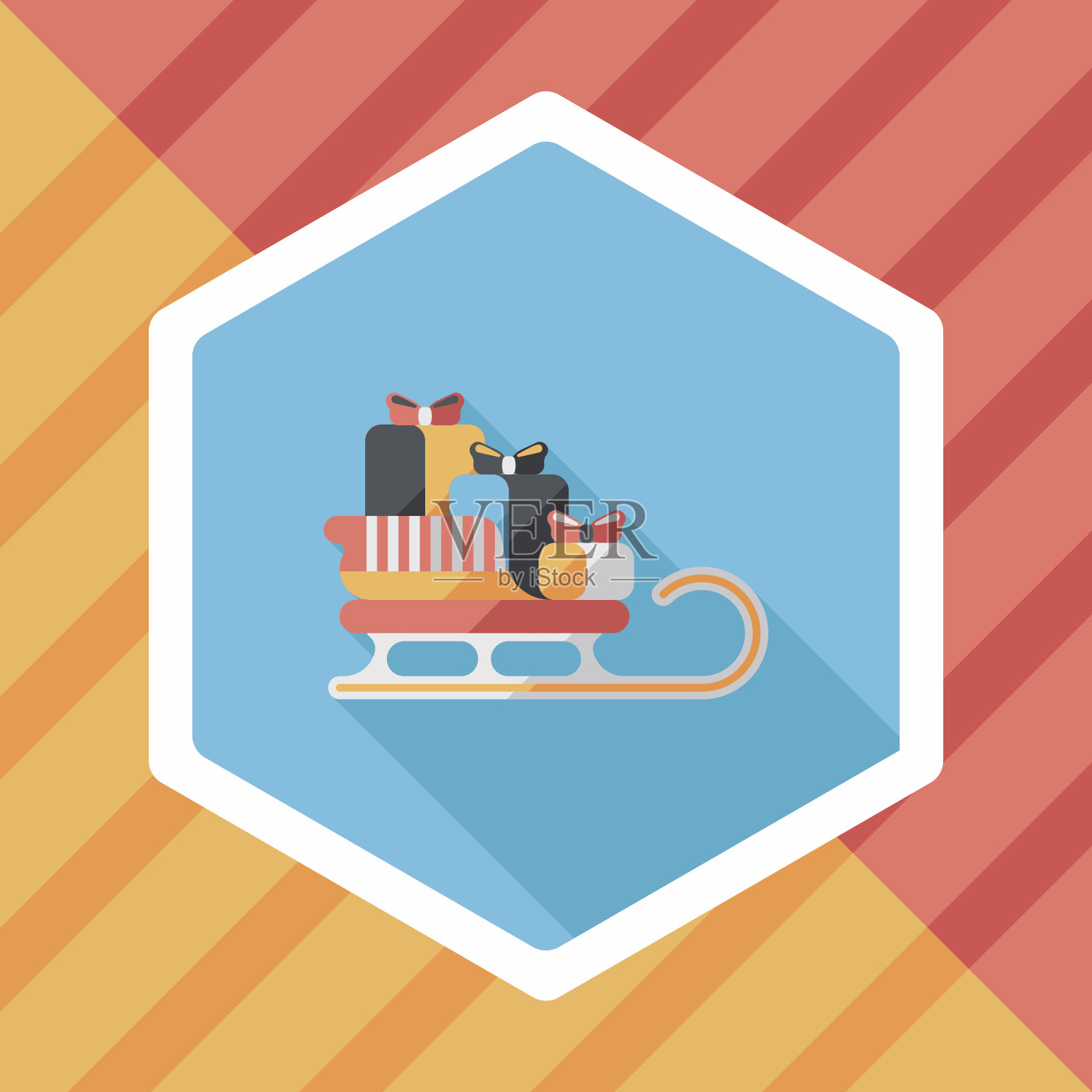 圣诞礼物和雪橇平图标与长影子eps10插画图片素材