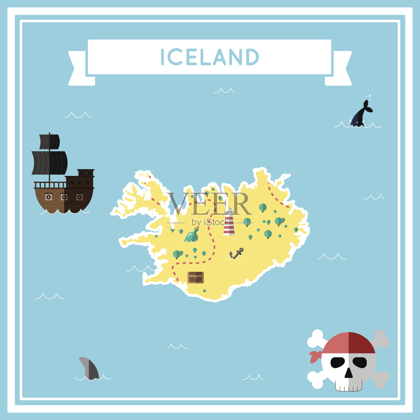 平坦的冰岛藏宝图。插画图片素材
