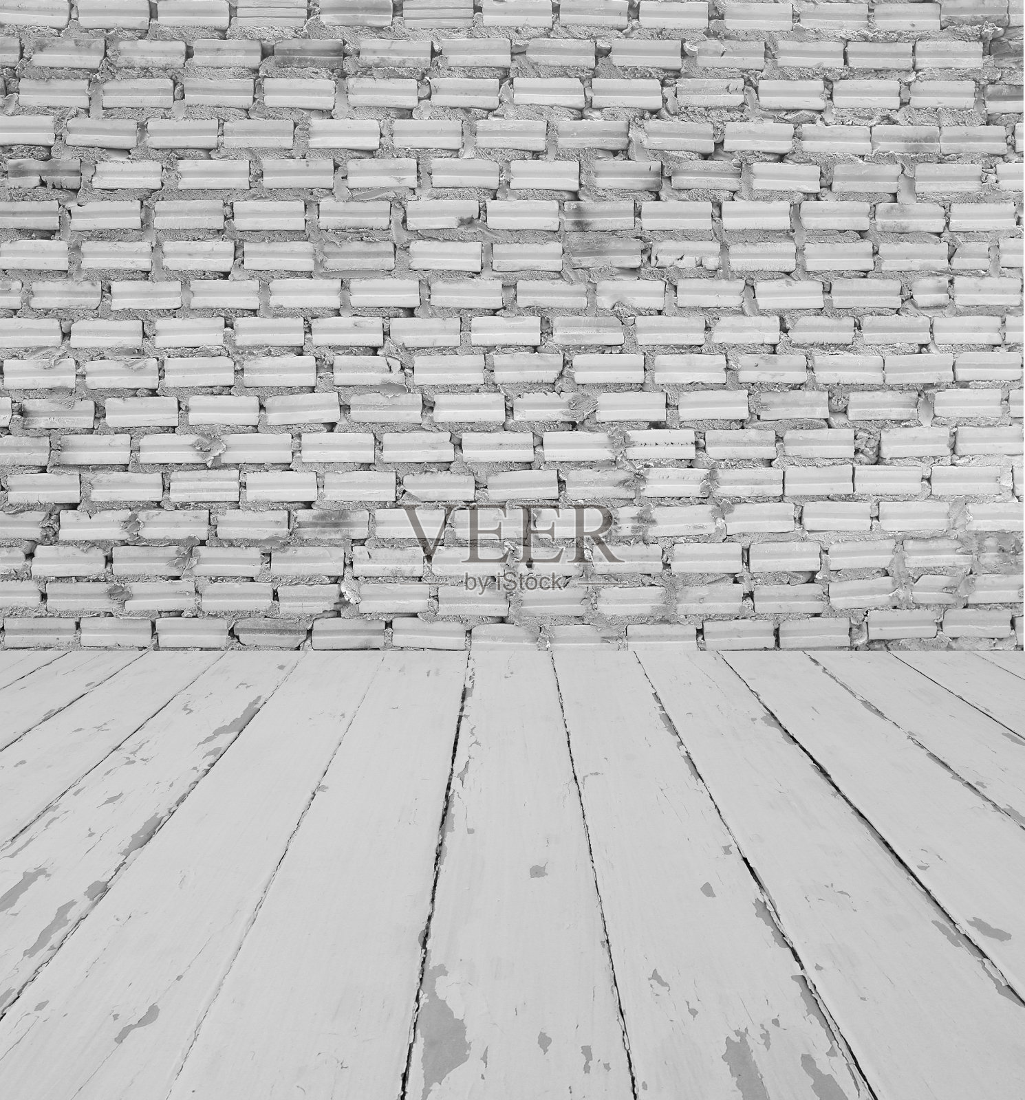 房间内部复古，白色砖墙和木地板照片摄影图片