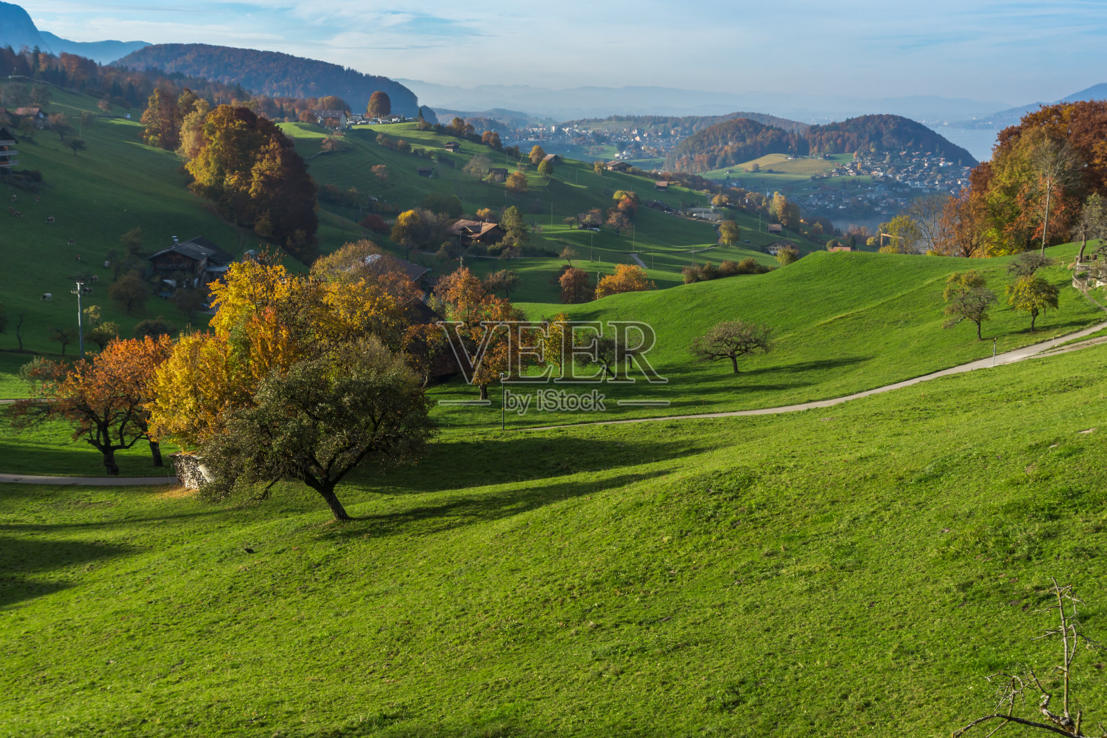 因特拉肯镇附近典型的瑞士乡村秋季景观照片摄影图片