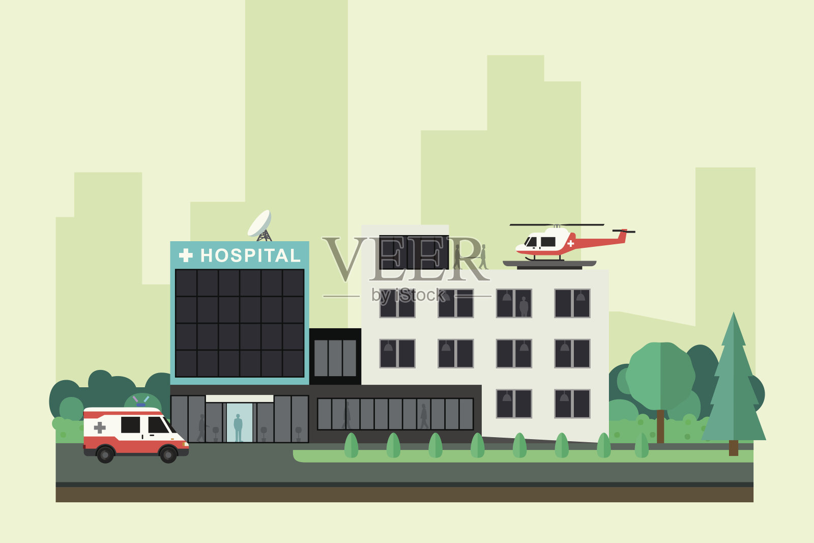 医院有救护车和直升机。插画图片素材