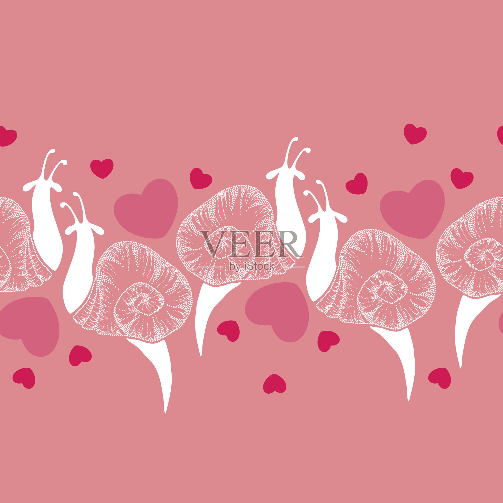 无缝图案与点缀的白色蜗牛和粉红色的心设计元素图片