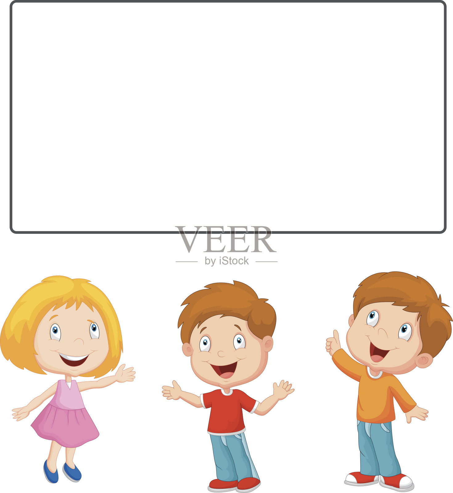 快乐的小朋友看着卡通，指着空白的横幅插画图片素材