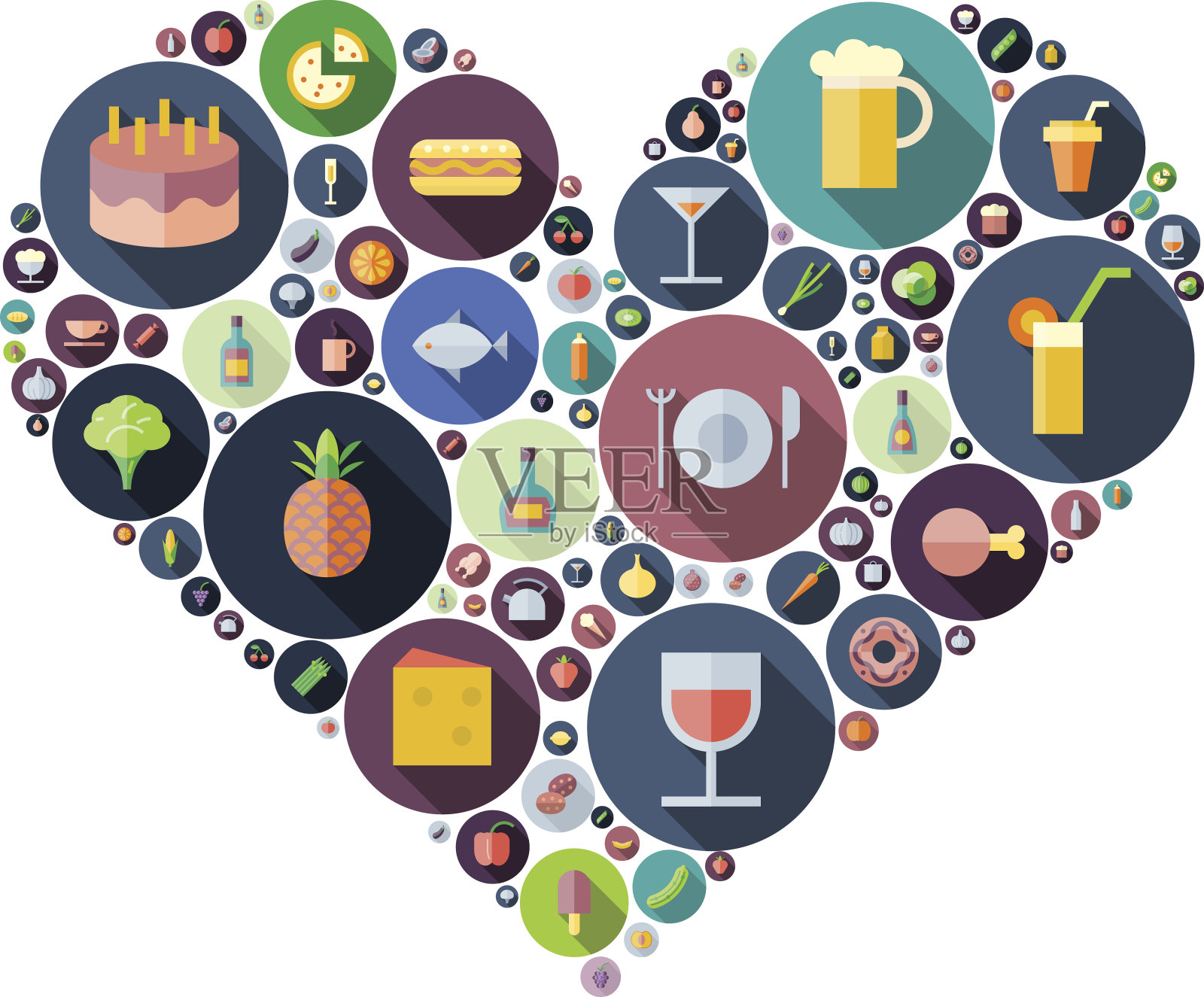 食物和饮料的图标排列成心形插画图片素材