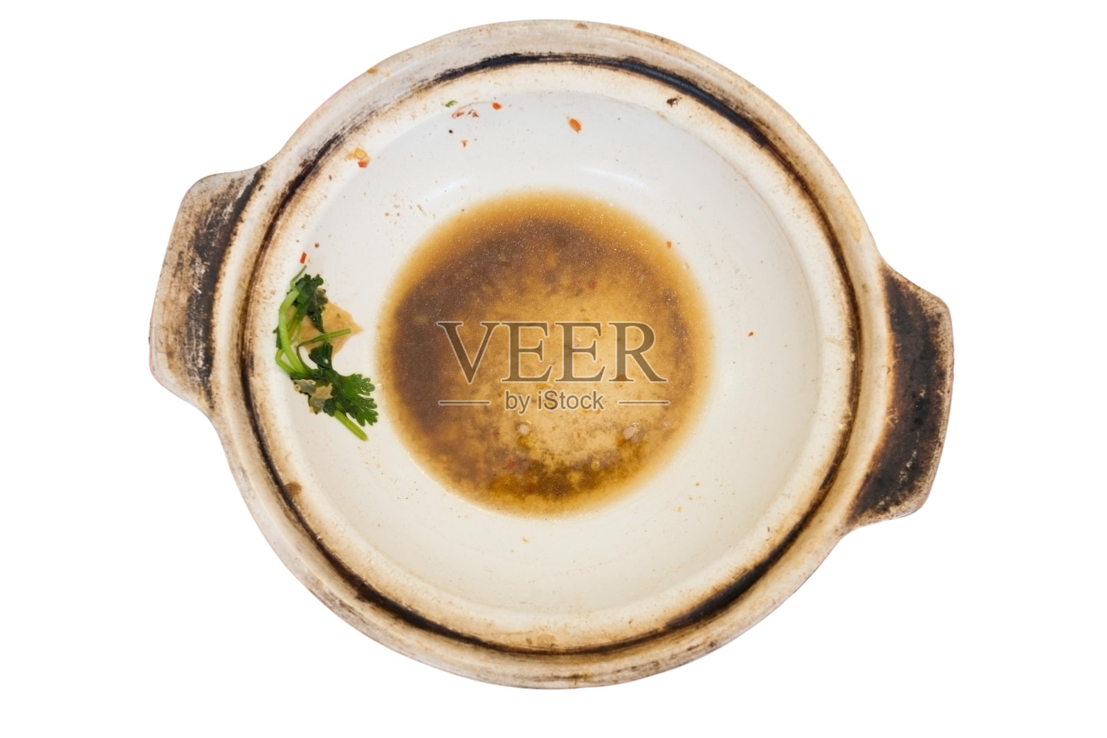 空白陶罐脏油腻蔬菜孤立白色背景照片摄影图片