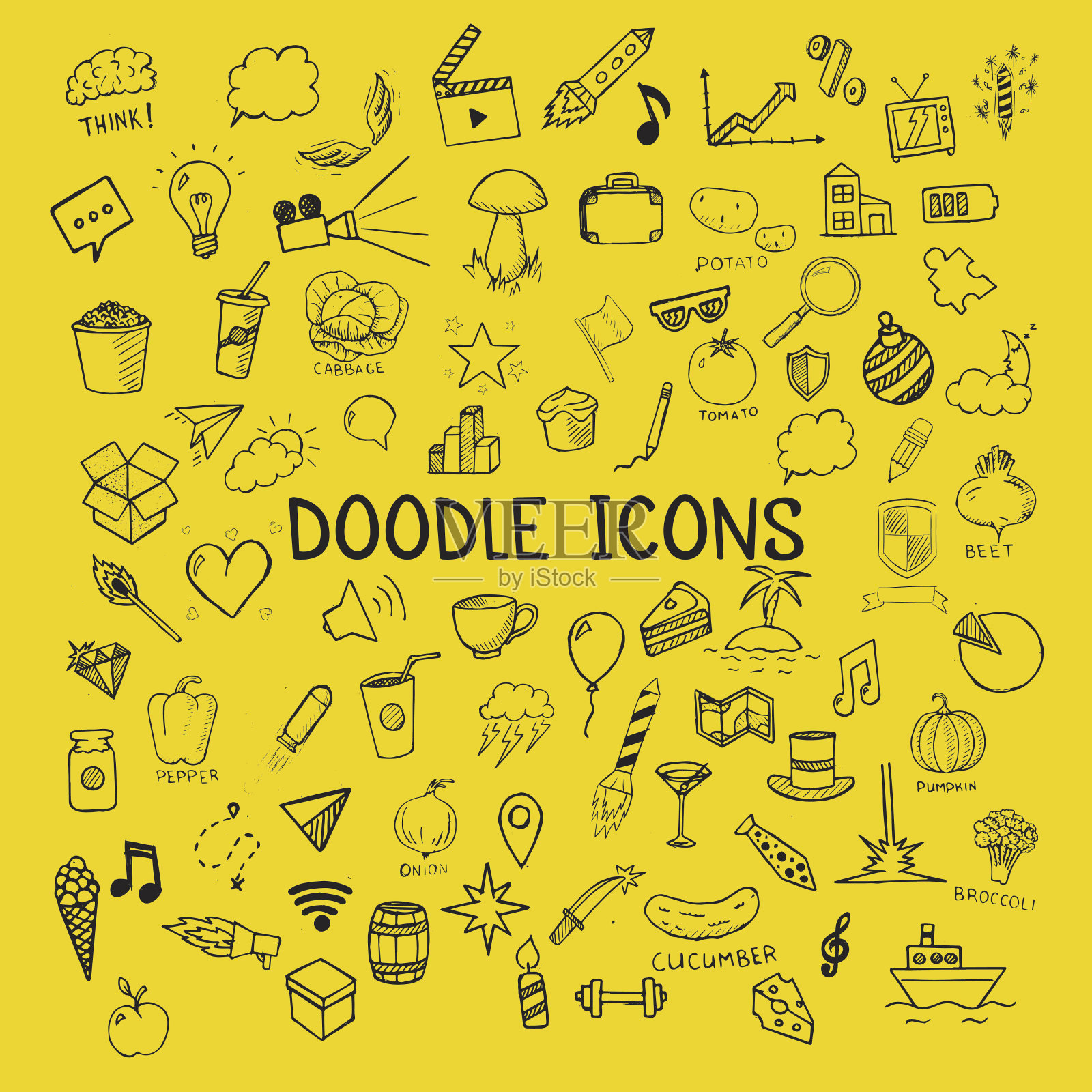 一组涂鸦图标，矢量手绘对象上的黄色背景图标素材