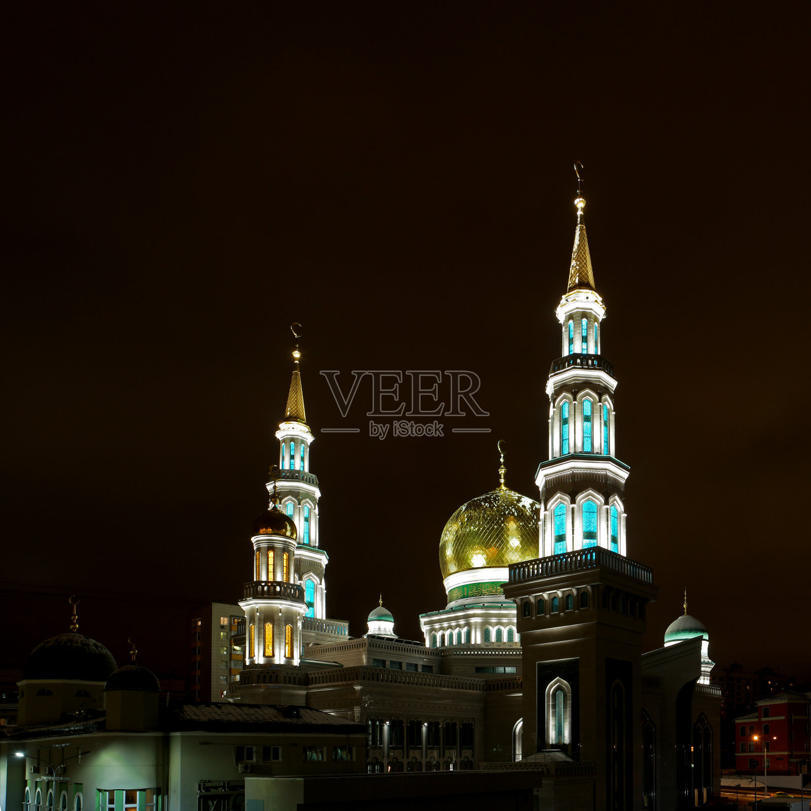 夜间拍摄的莫斯科清真寺照片摄影图片