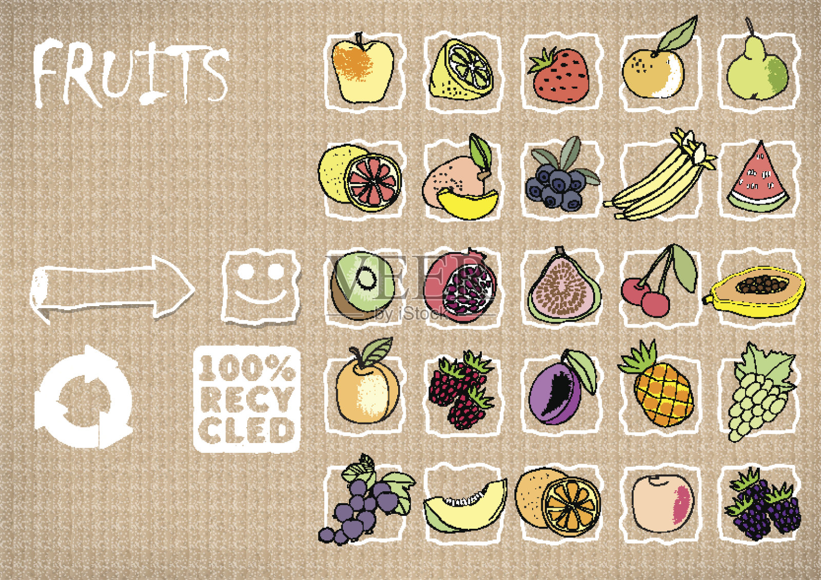 25个原始图标水果上的硬纸板背景，天然产品插画图片素材
