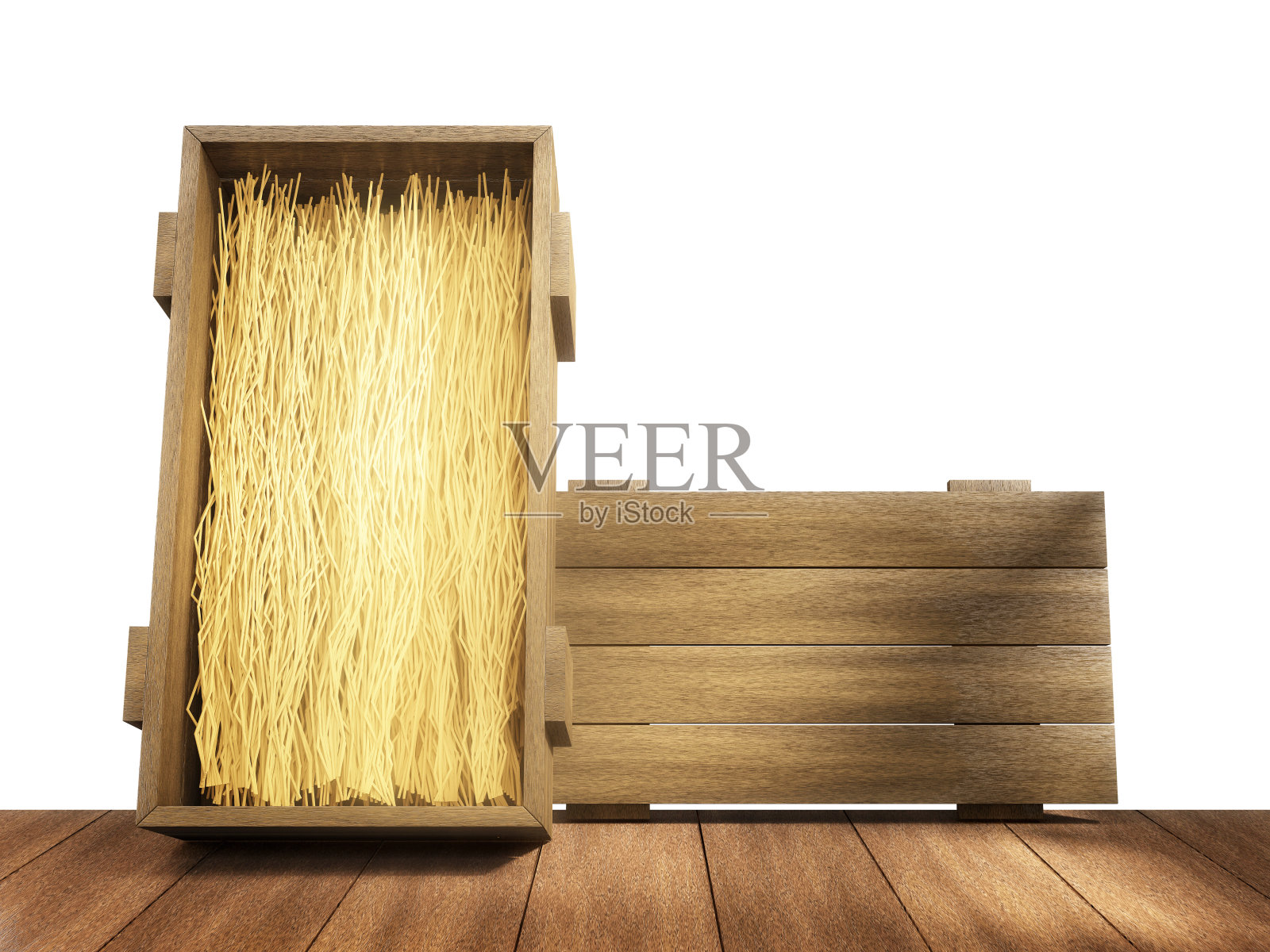 桌子上有一个空的木箱，盖子打开了照片摄影图片