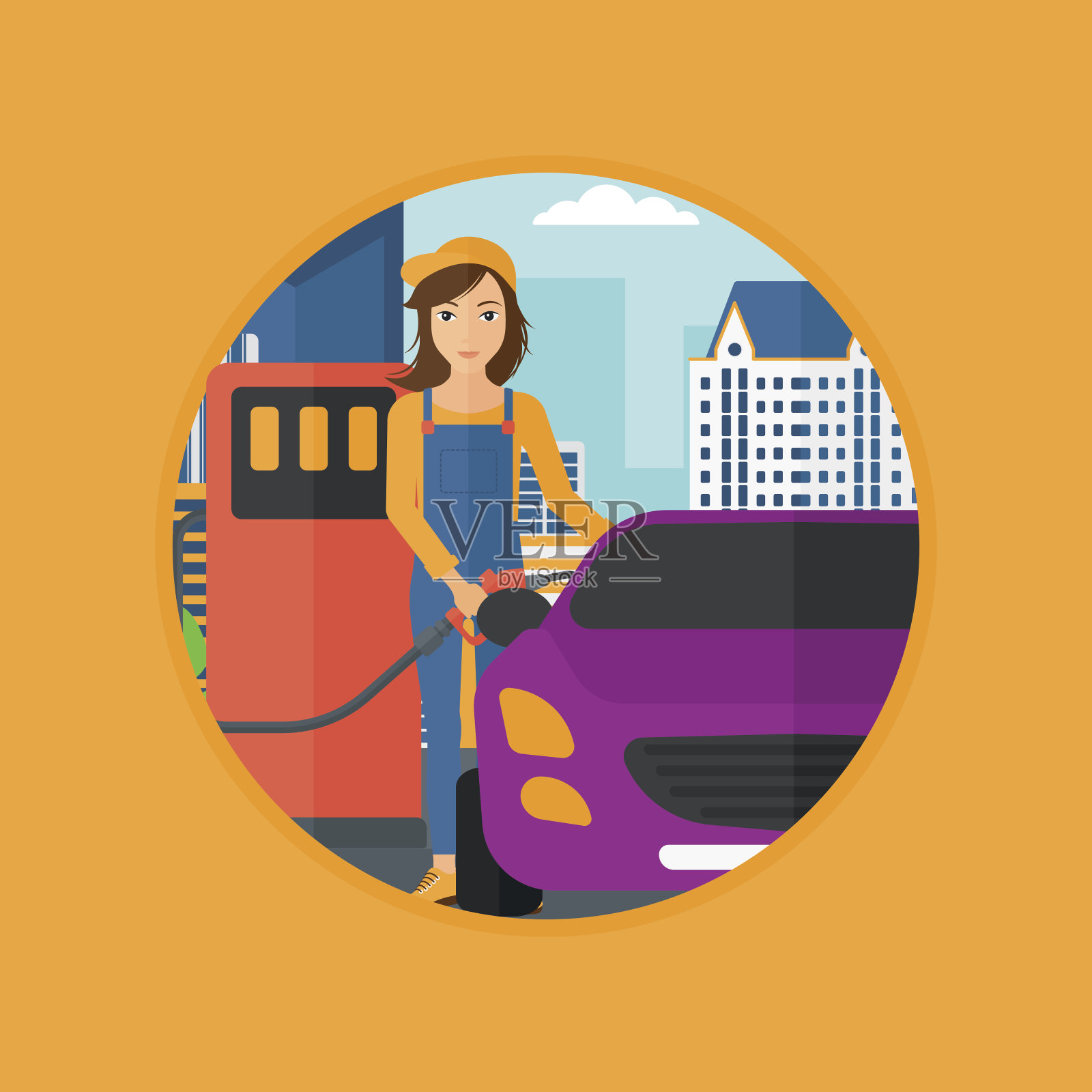 工人给汽车加油。插画图片素材