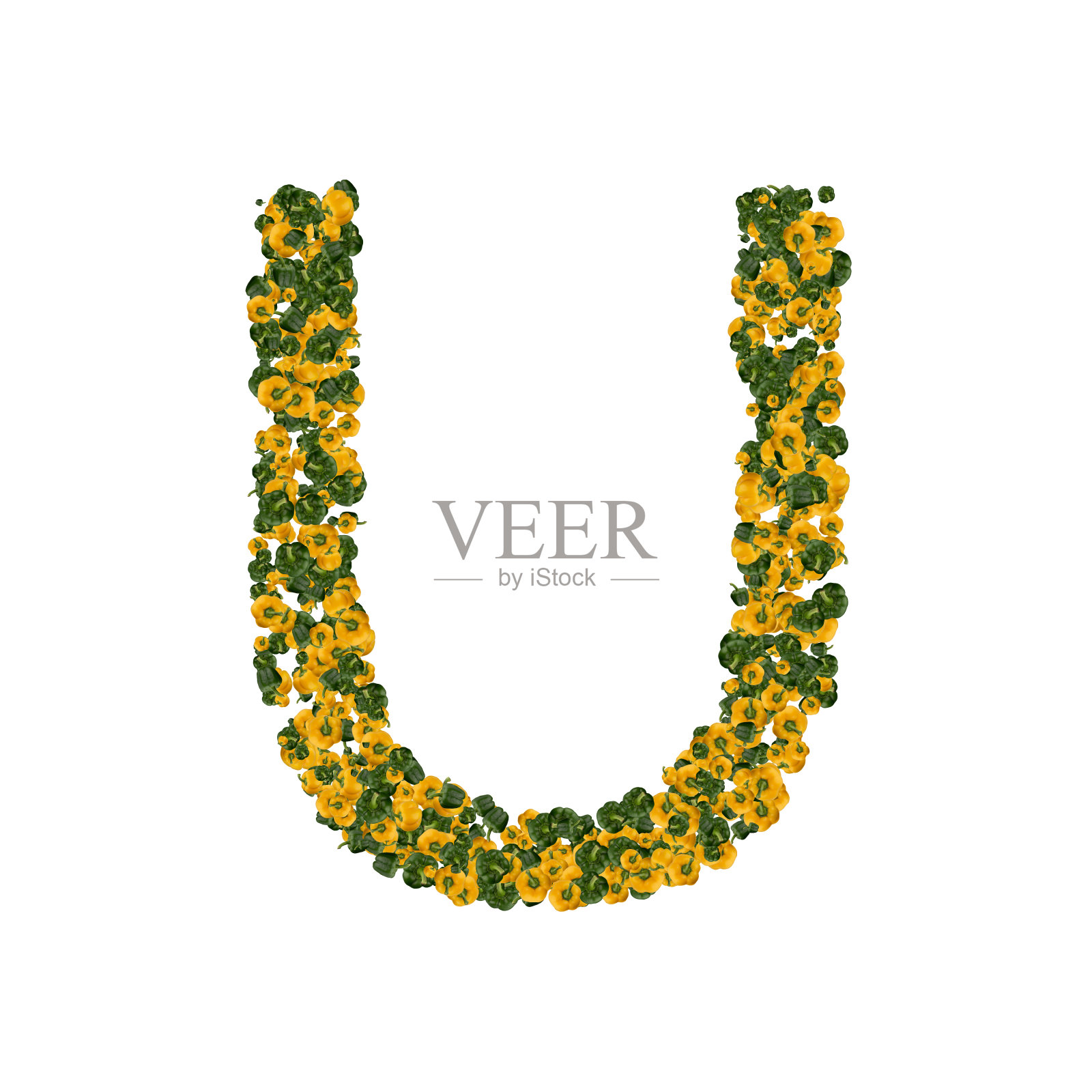 字母U由绿色和黄色的甜椒制成照片摄影图片