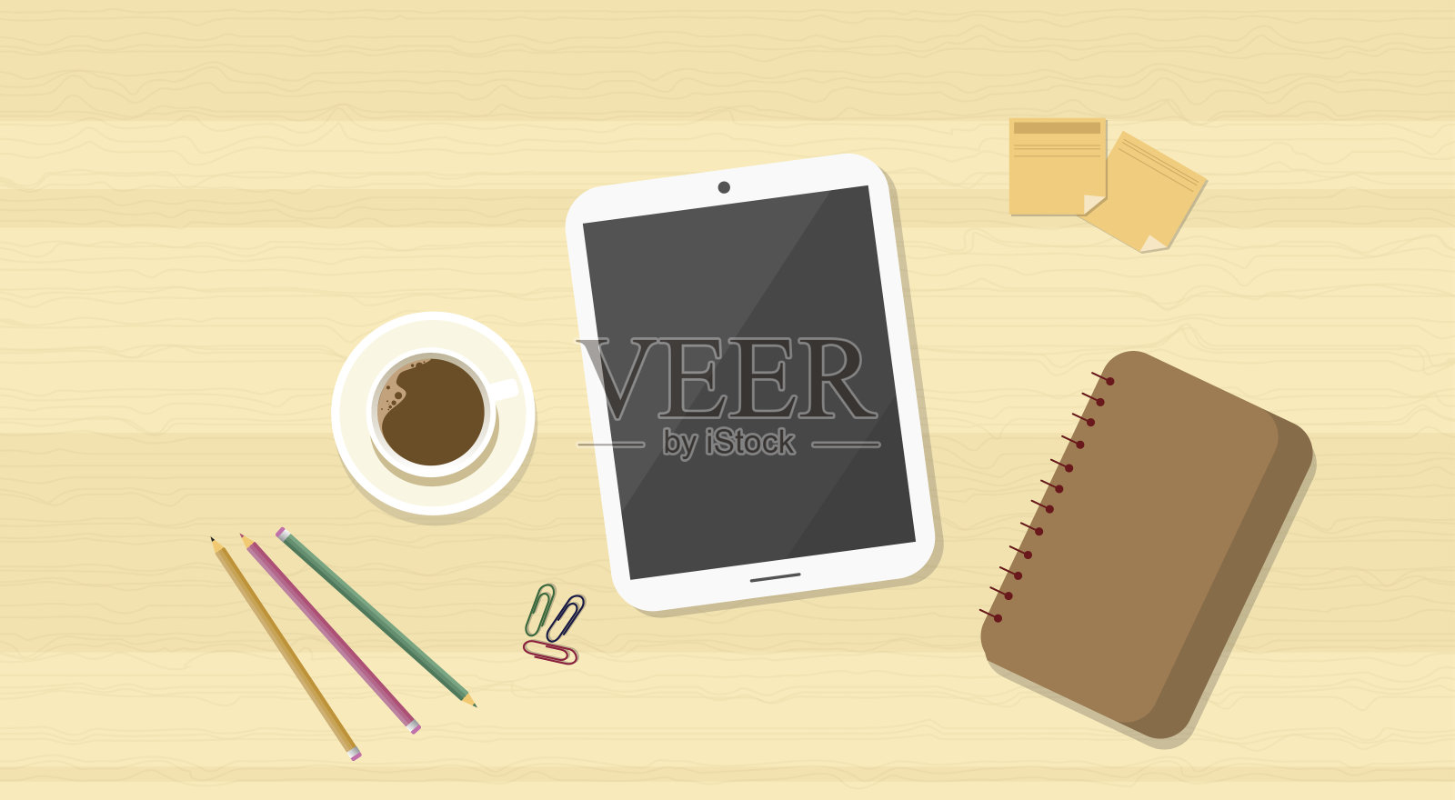 工作场所木质书桌顶角视图平板电脑插画图片素材