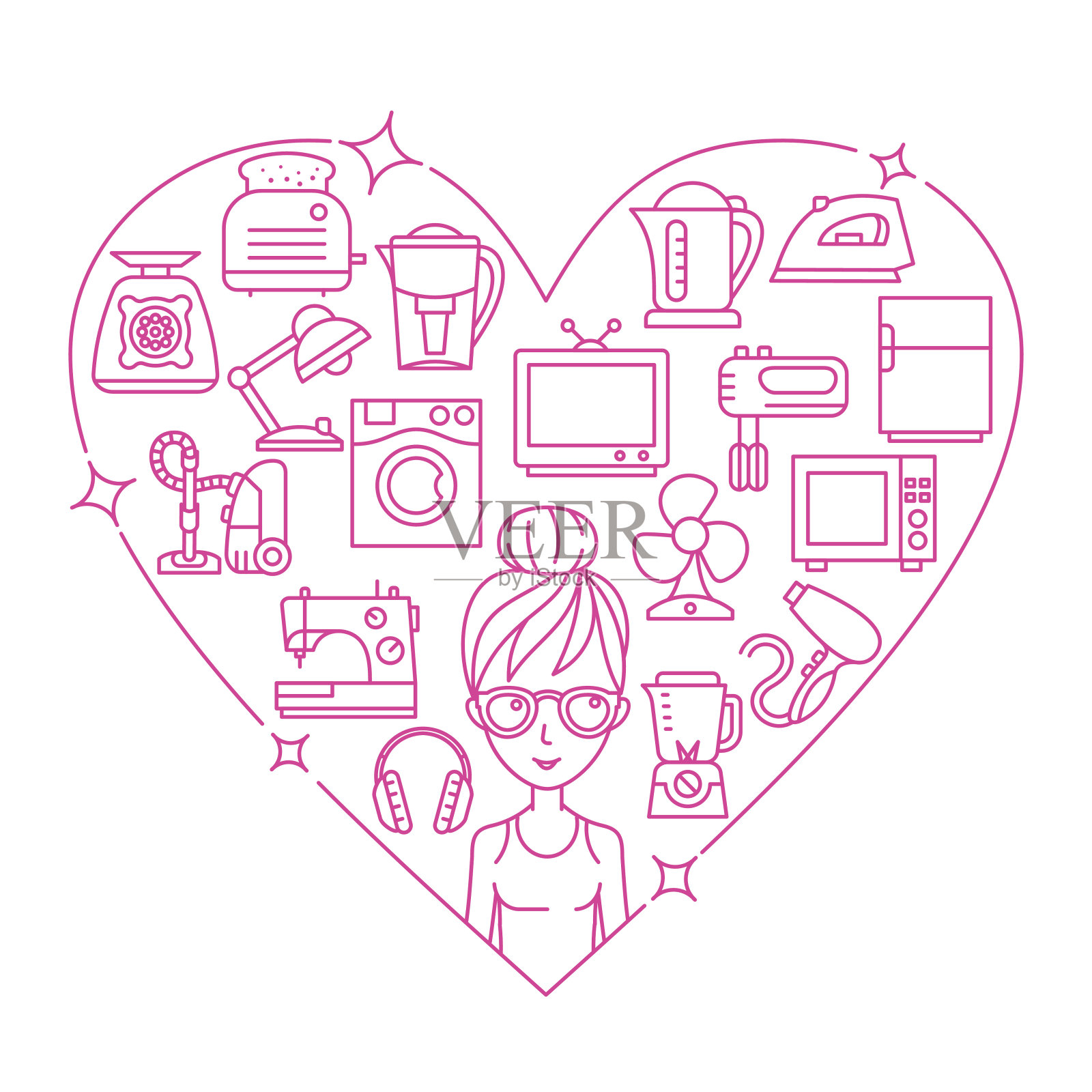 家用电器和女框心矢量插图插画图片素材