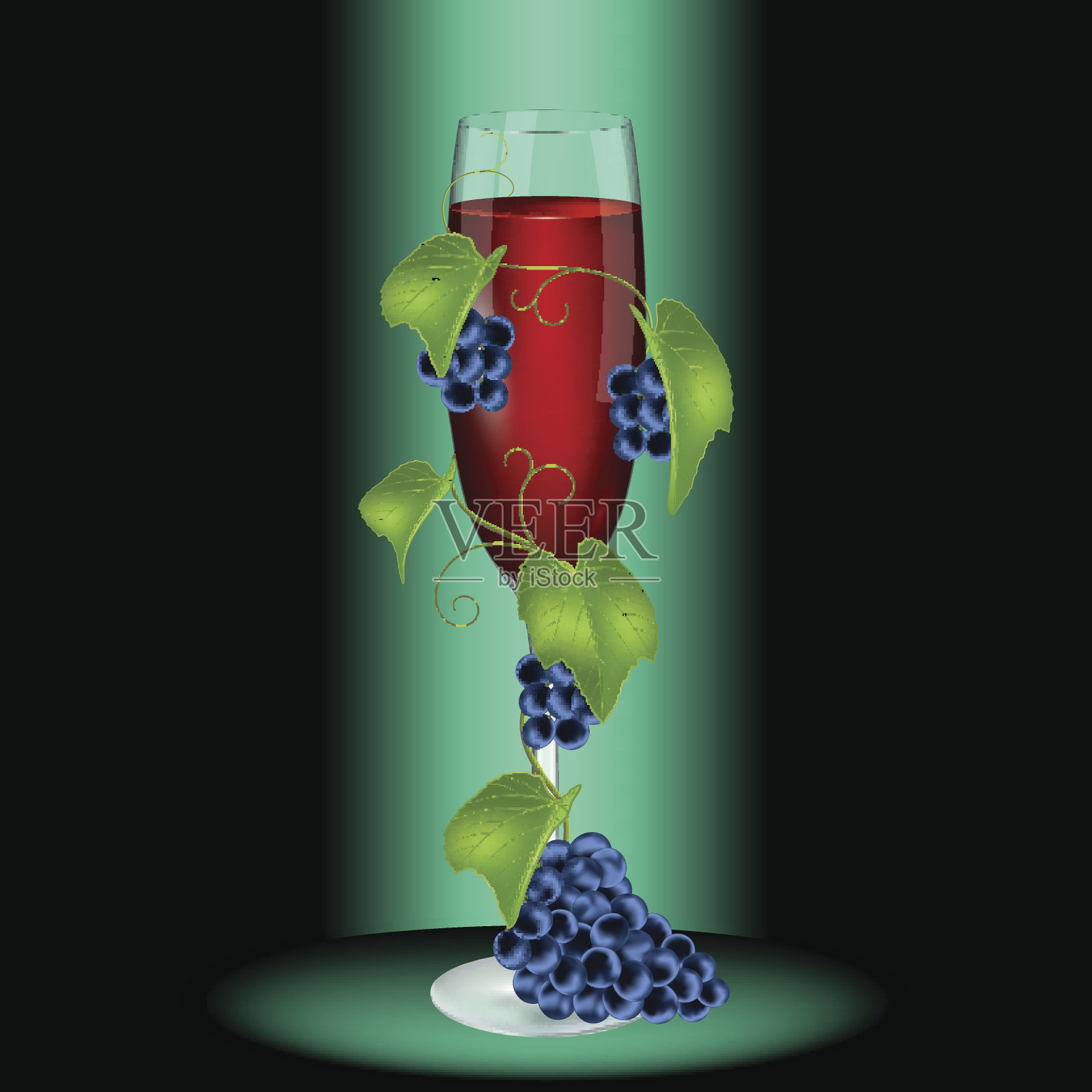 一杯红酒裹着葡萄藤。高质量的向量插画图片素材