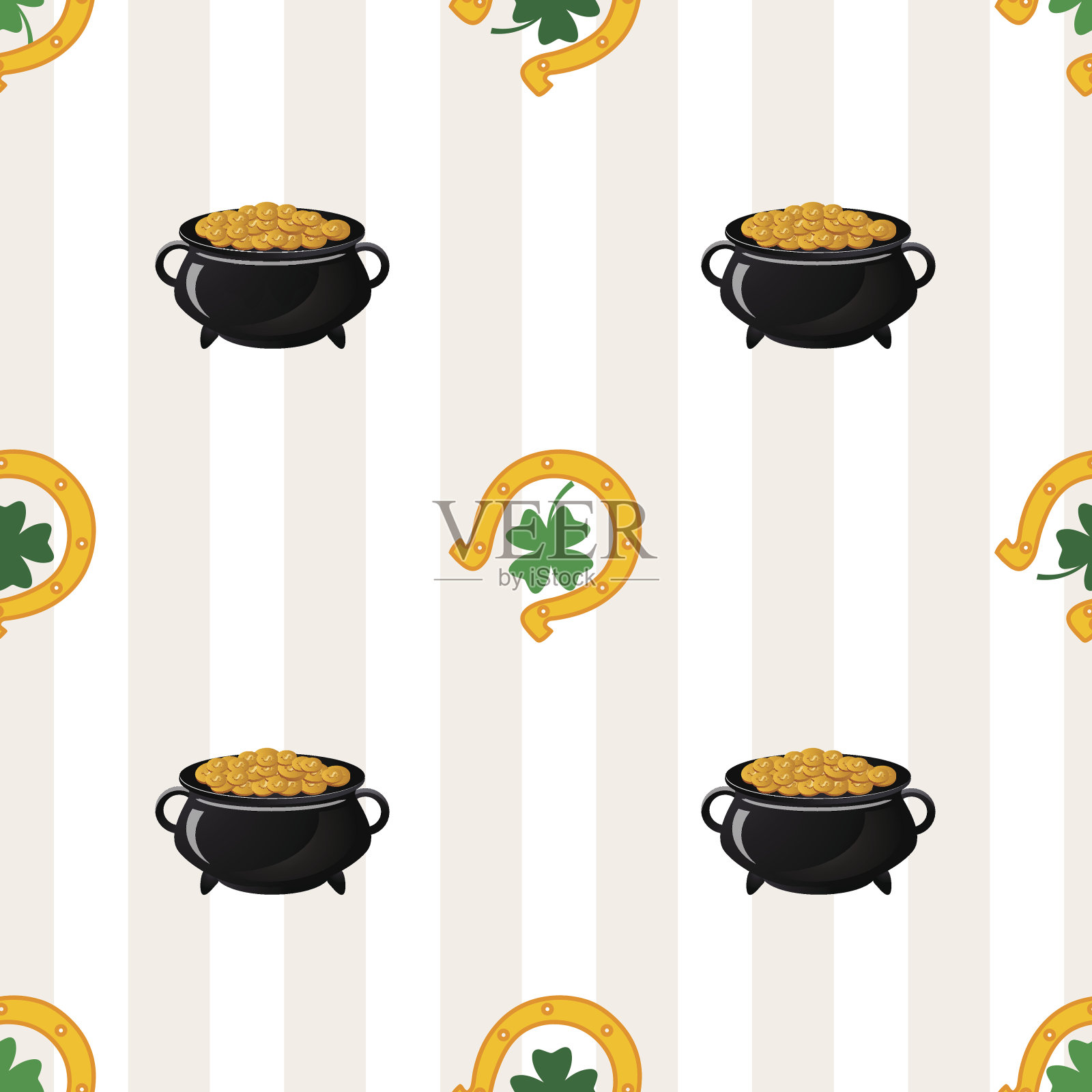 绿色的三叶草叶子和马蹄铁。圣帕特里克节的背景插画图片素材