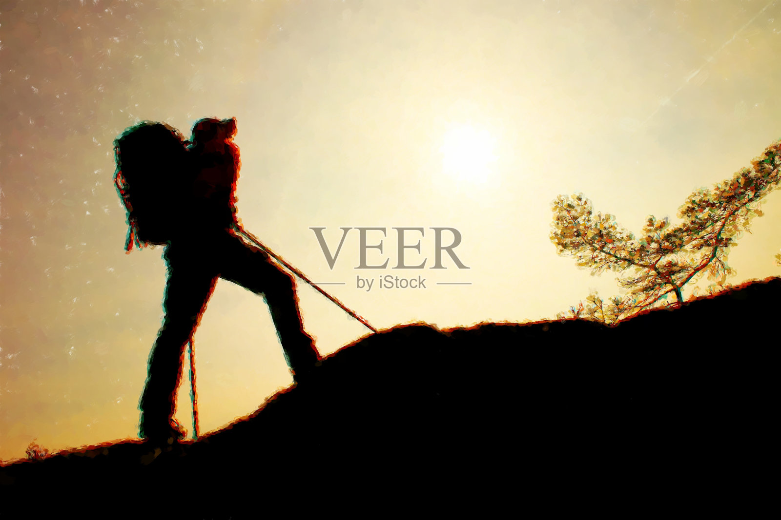 水彩颜料的效果。游客在山上观看照片摄影图片