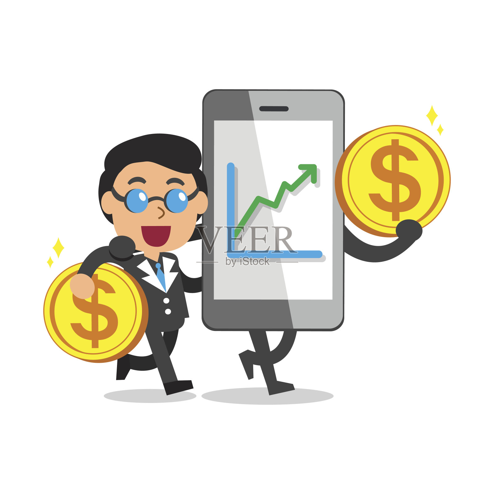 卡通智能手机帮助商人赚取更多利润插画图片素材