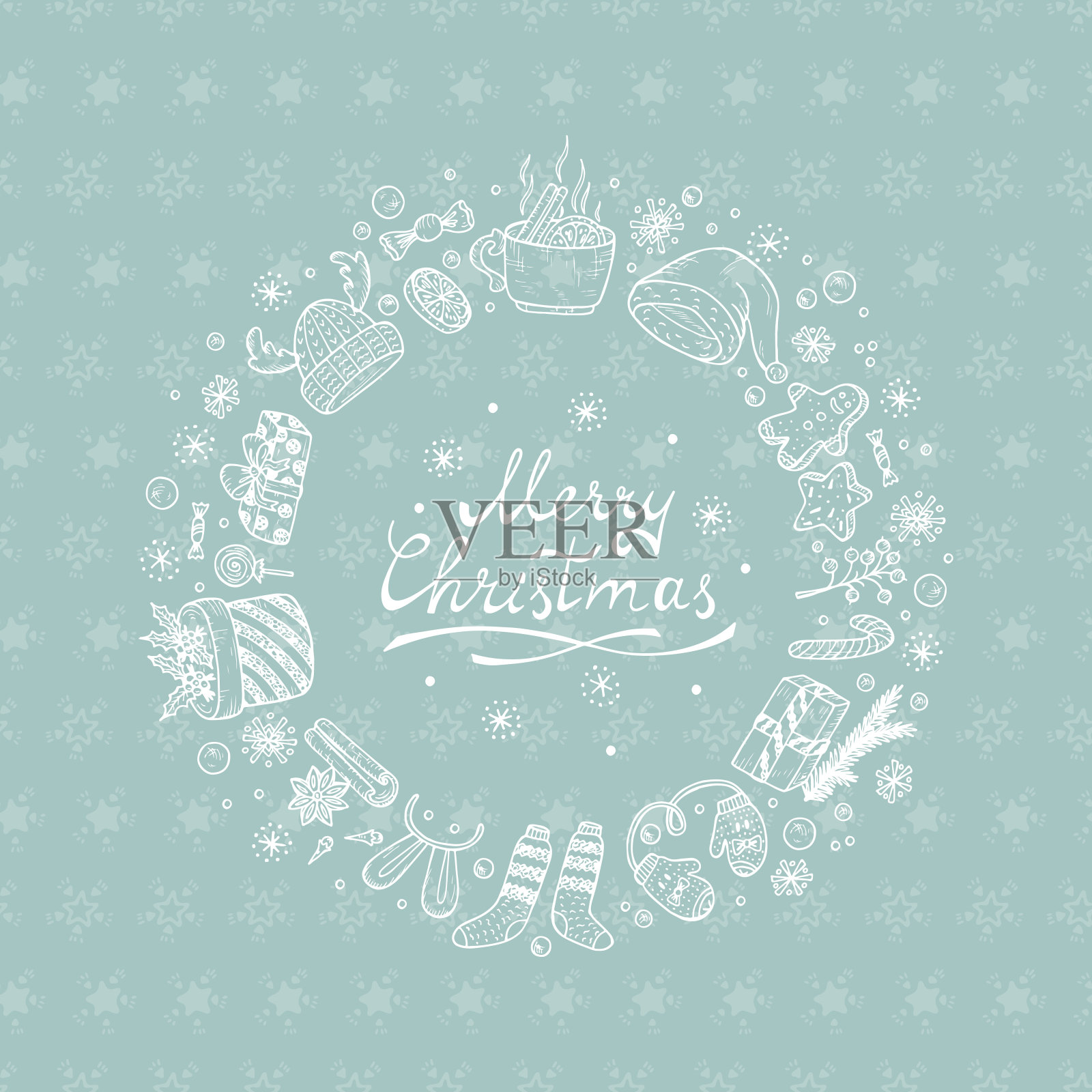 圣诞节主题贺卡，含节日元素，圣诞花环边框插画图片素材