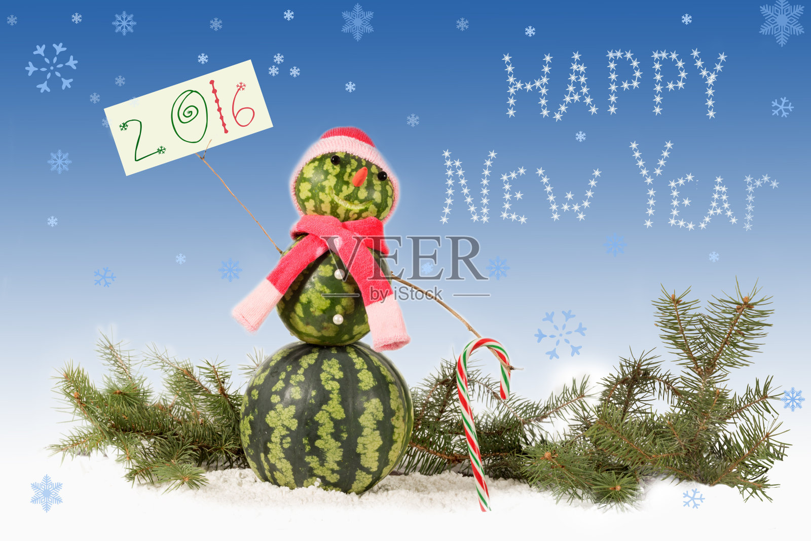 雪人在红帽和围巾与题词2016照片摄影图片