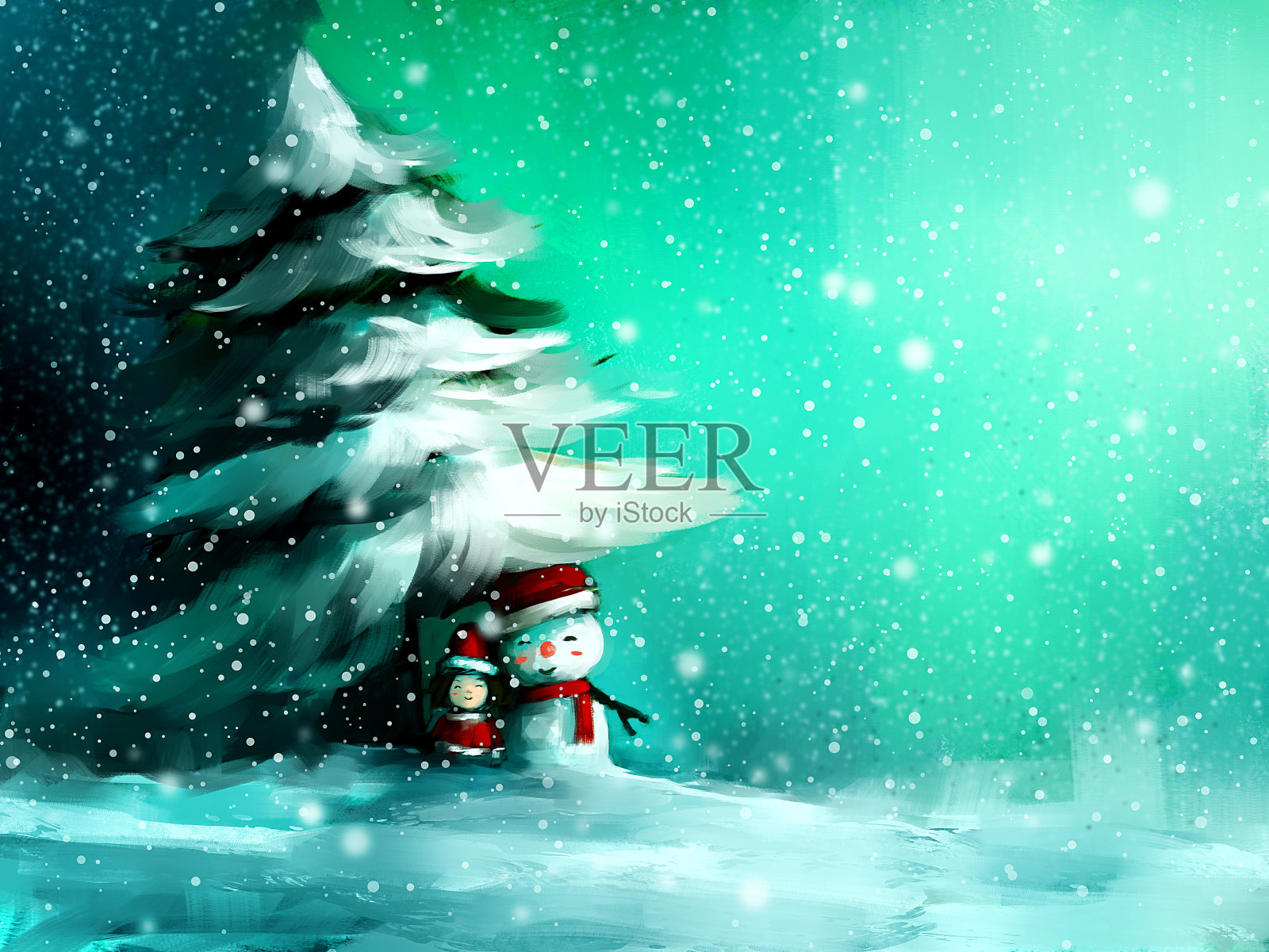 数码画的可爱女孩与雪人在冬天插画图片素材