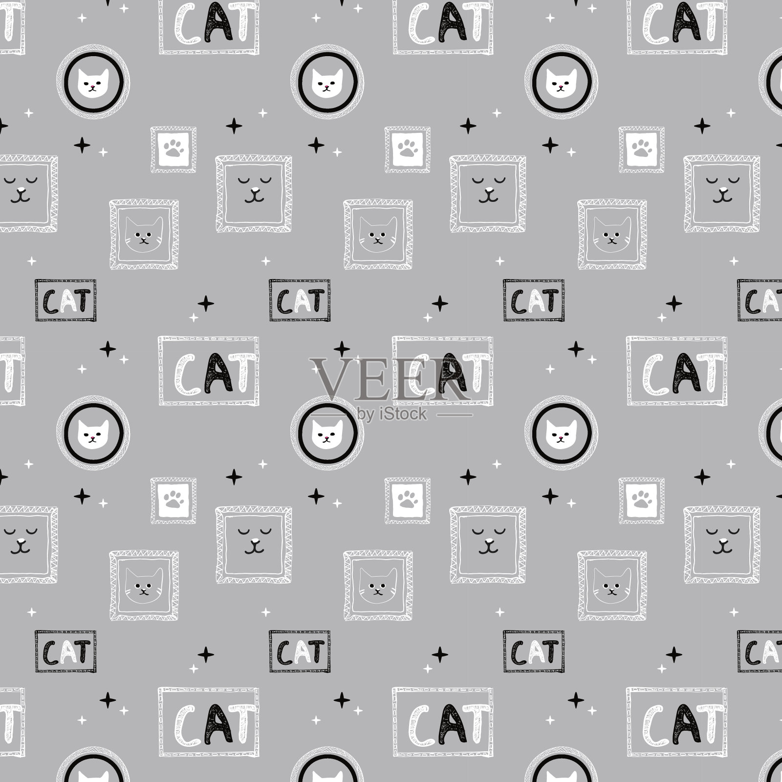 手绘猫图案背景灰插画图片素材