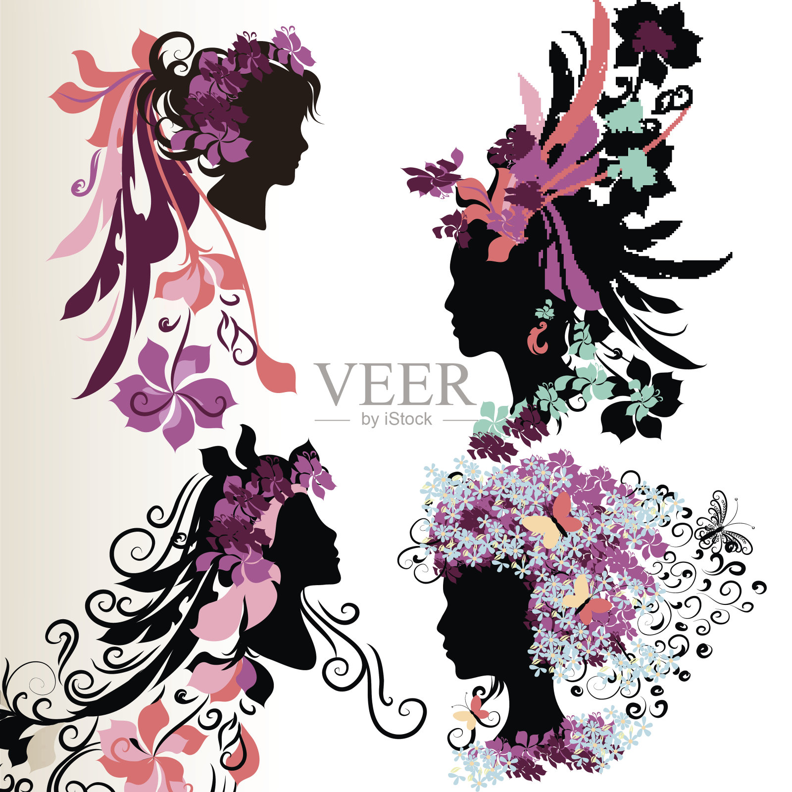 具有花卉发型的抽象女性面部轮廓时尚插画图片素材