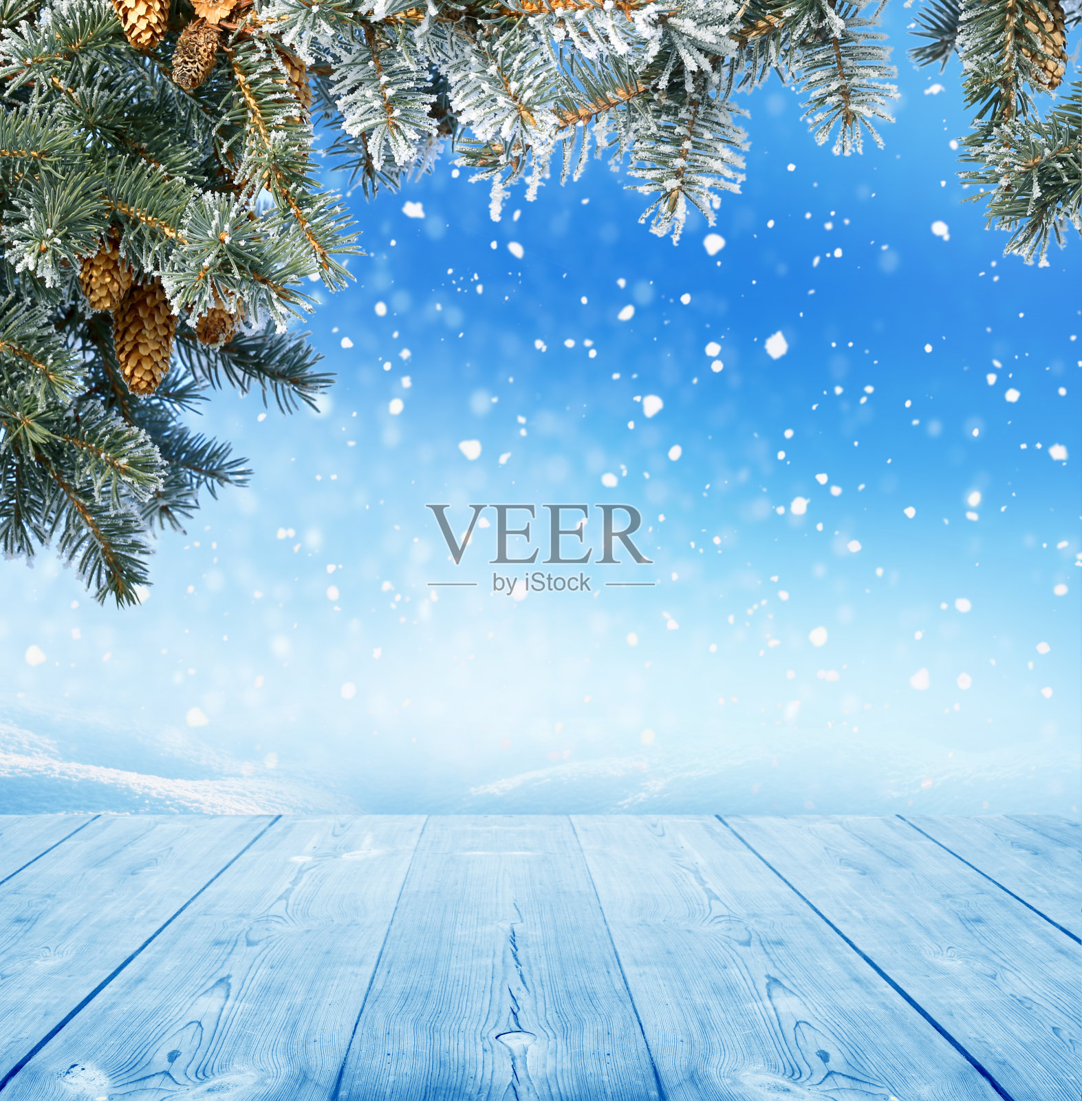 圣诞冬季雪景背景与模糊散景照片摄影图片