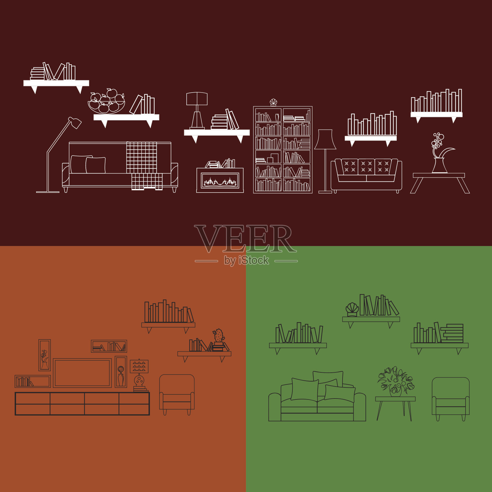 家，酒店房间室内用舒适的家具轮廓矢量插画插画图片素材